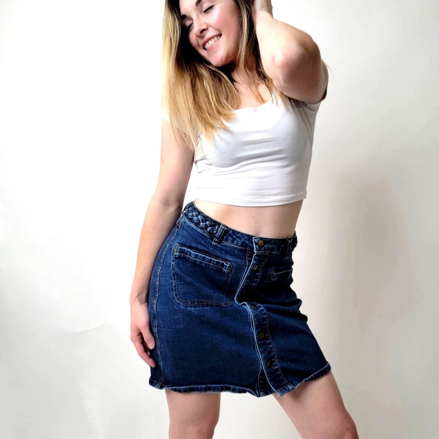 Harper Braided Button Up Denim Jean Midi Skirt - M