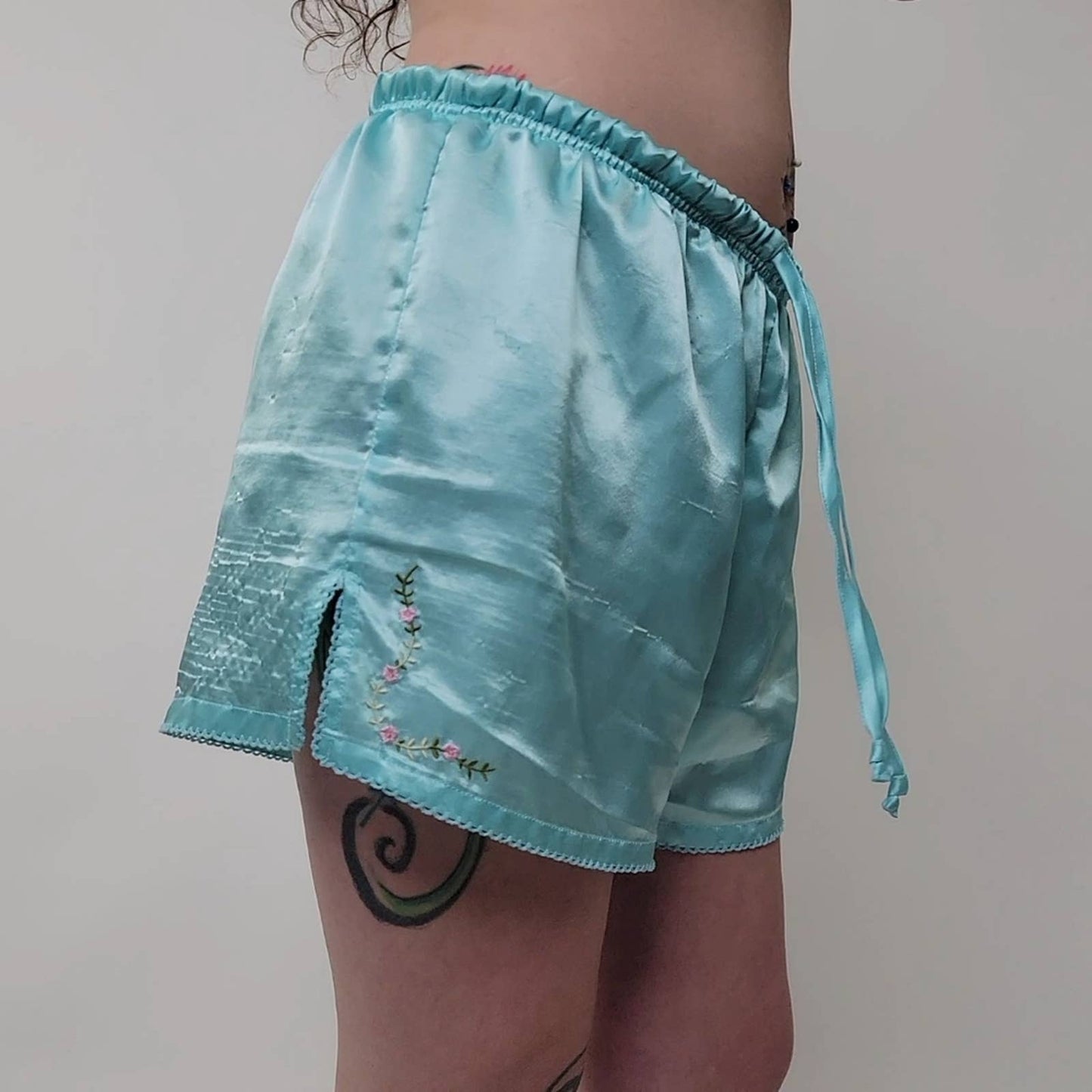 Baby Blue Silky Embroidered Pajama Shorts - M