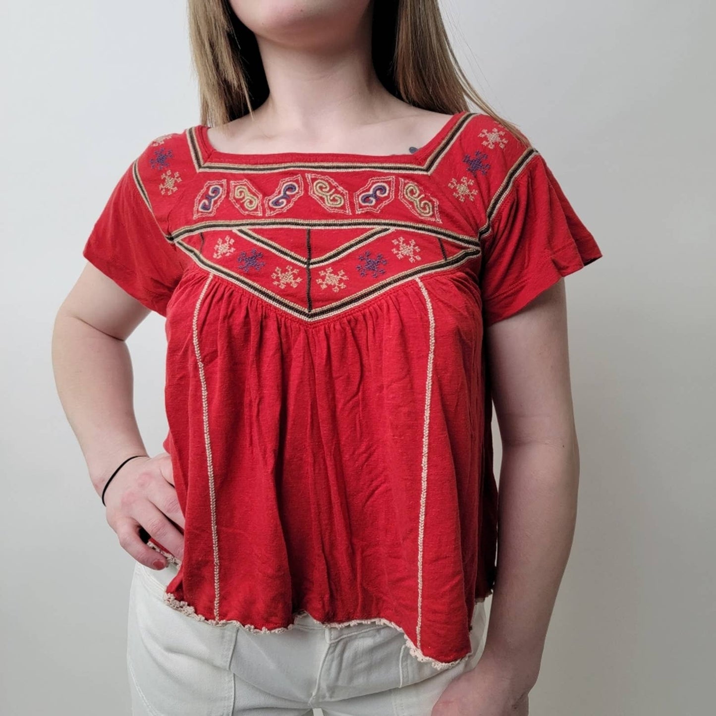 Free People Muse Short Sleeve Flowy Boho Crop Top Tunic Blouse
