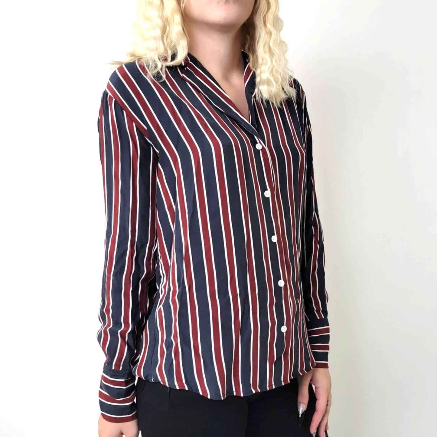 Frame Silk Striped Button Down Long Sleeve Shirt - S