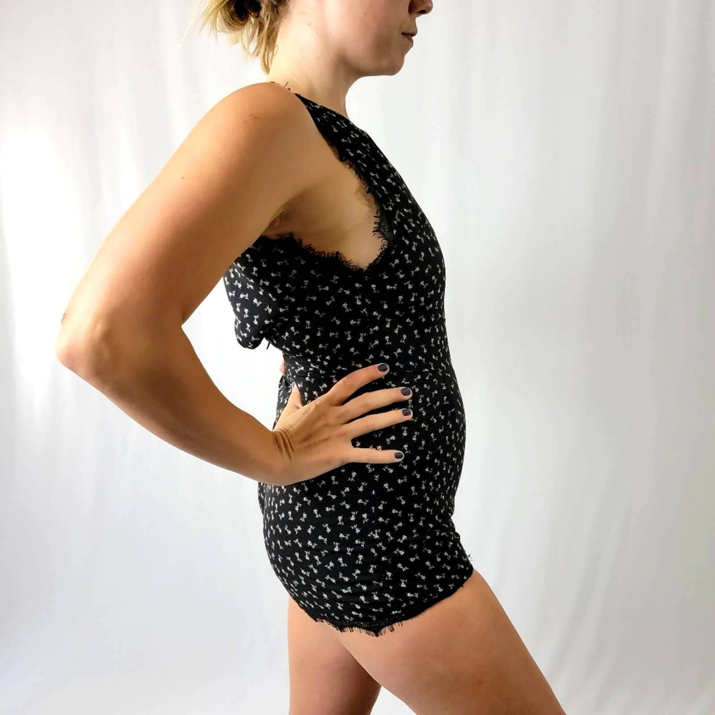 Sweet Rain Black Floral Eyelash Romper - S