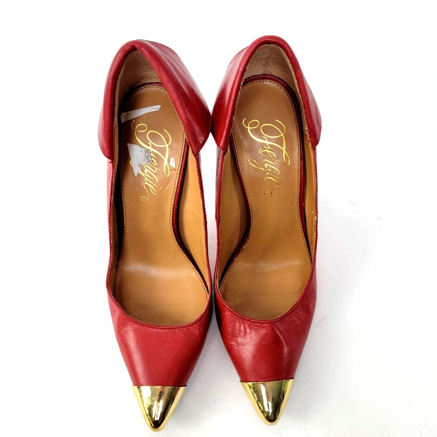 Fergie Podium Red Stiletto Pump Heels with Gold Cap Toe - 8