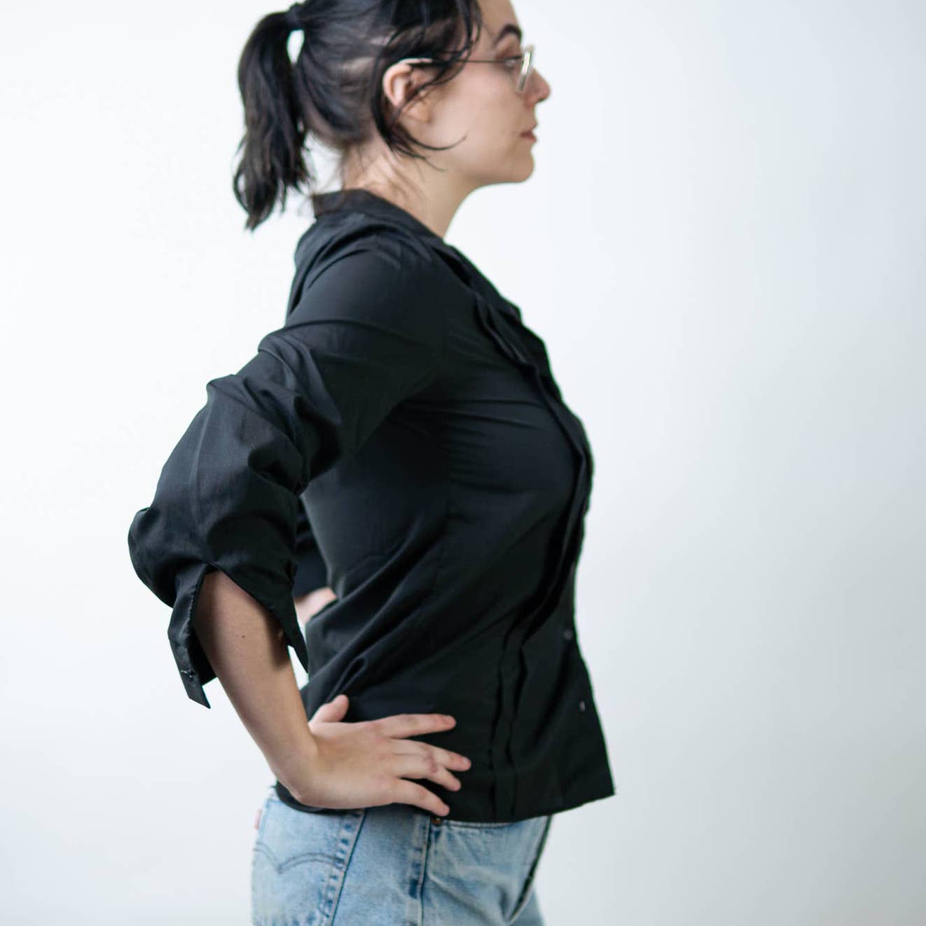 Vintage 90s Sheer Black Pleated Button Down Blouse
