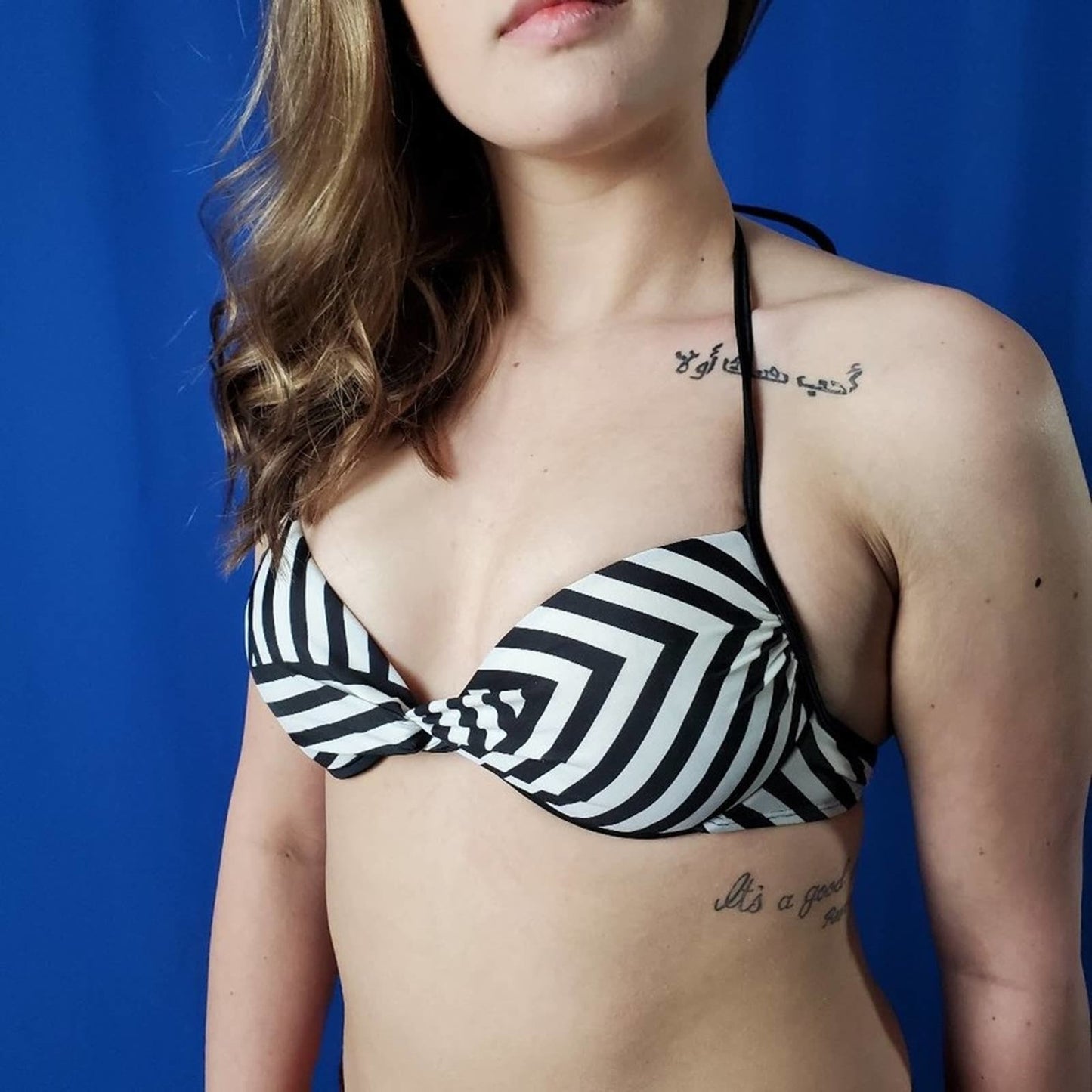 Tahiti Push Up Black & White Stripe Bikini Top - S