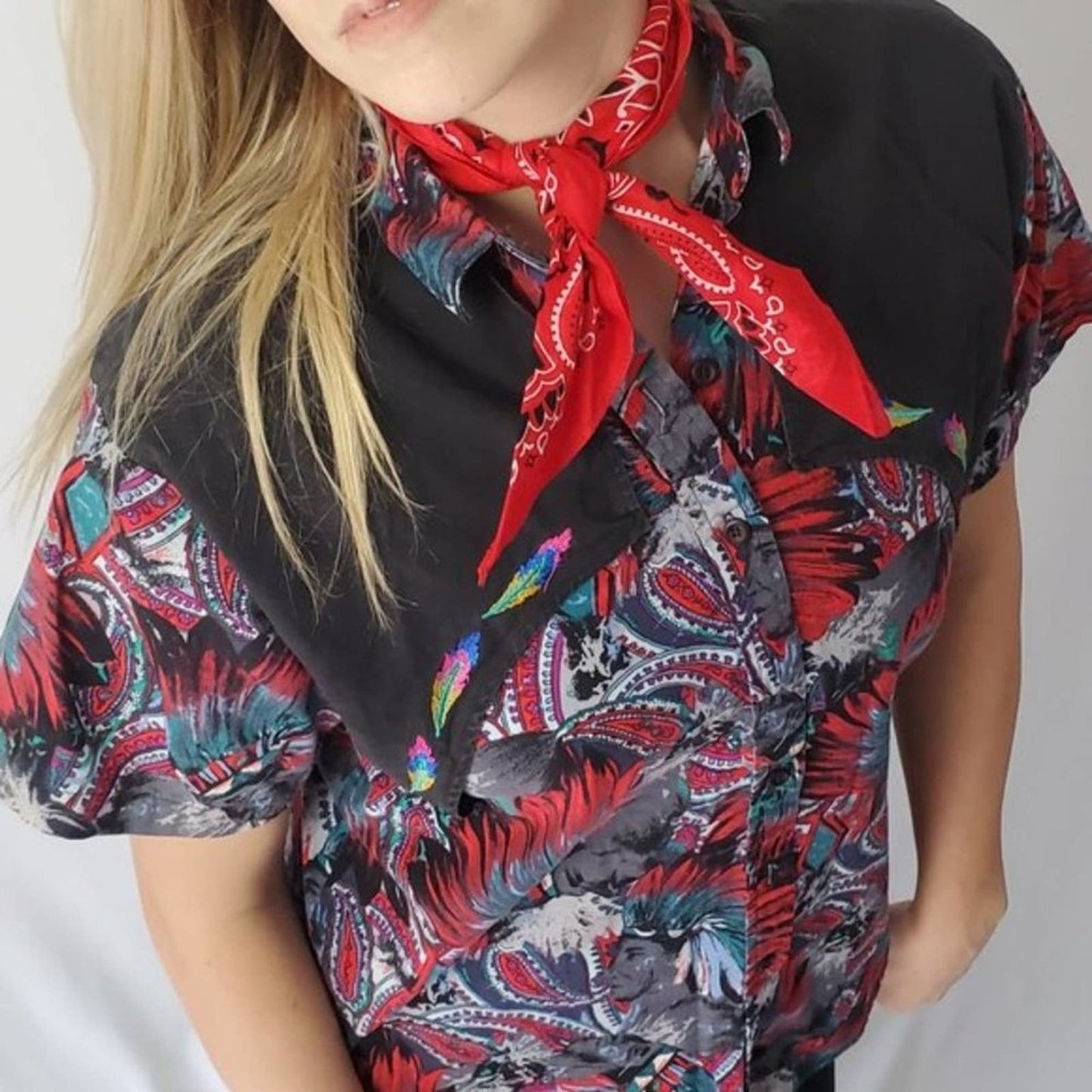 Vintage 90s Western Tribal Flyback Button Down Shirt - M