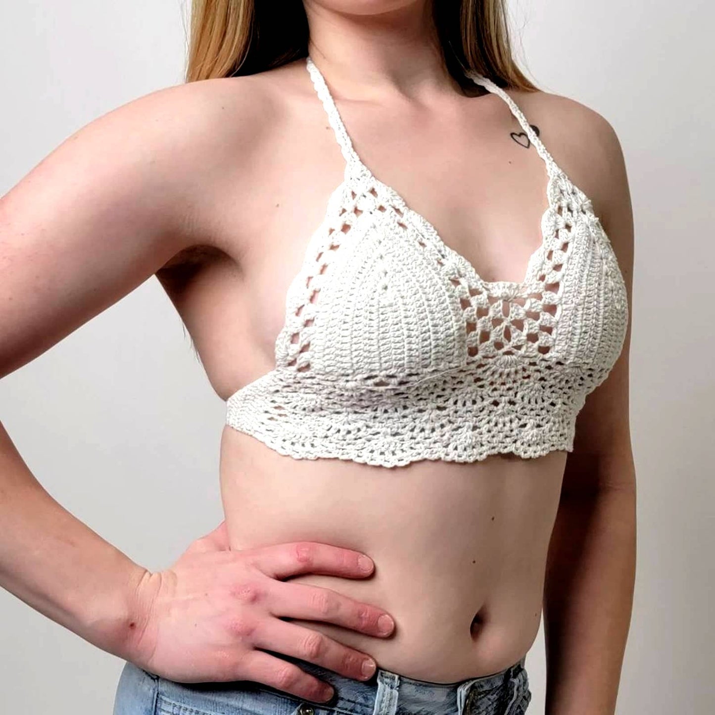 Cream White Crochet Lace Triangle Bralette Halter Top