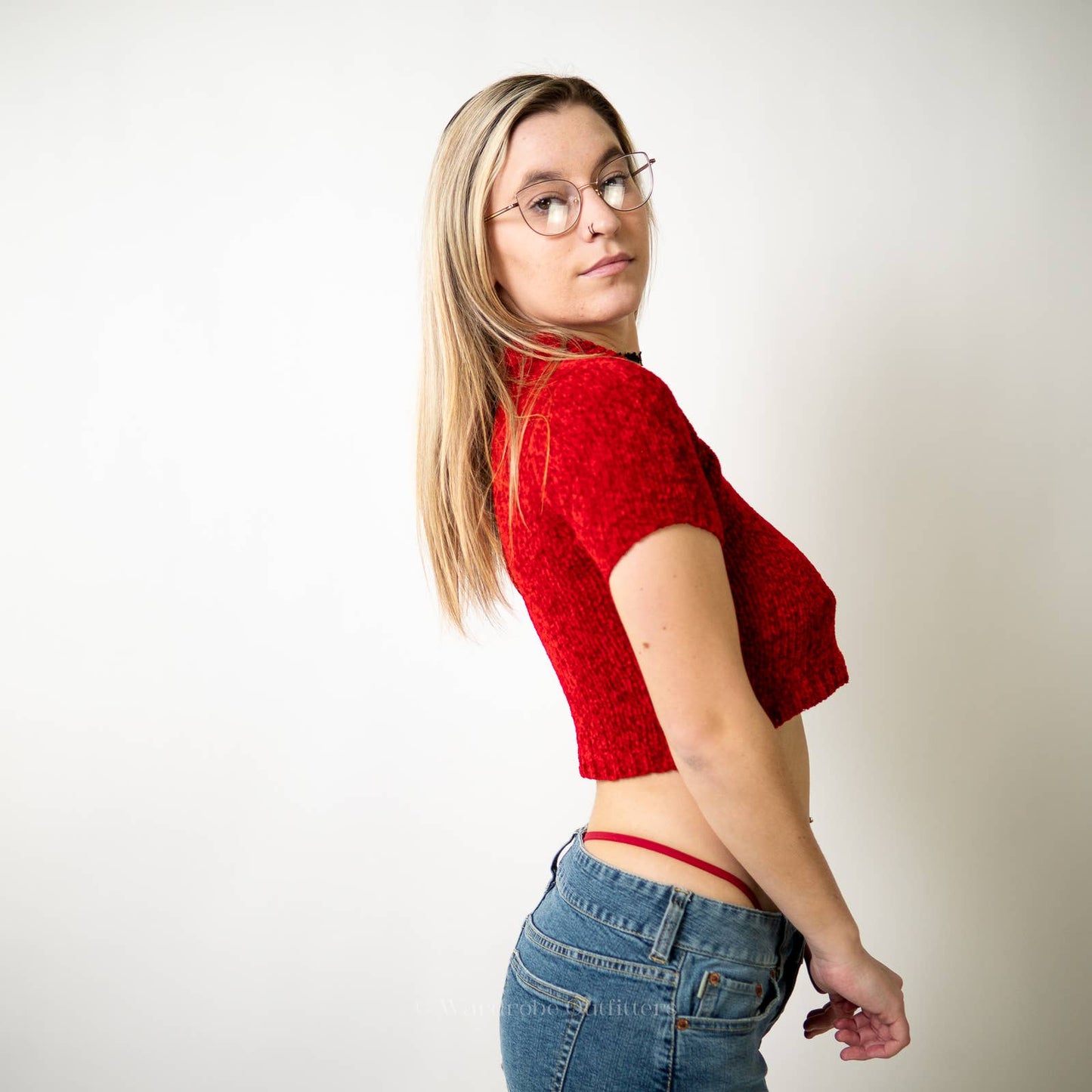 Vintage y2k Plush Ribbed Crop Top Polo Baby Tee - S/M