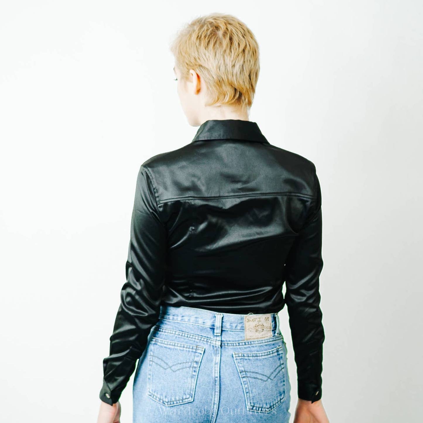 Vintage 90s Black Satin Collared Western Pearl Snap Button Shirt