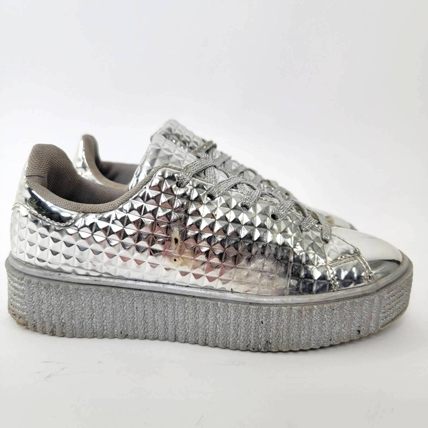 Chrome Lace Up Platform Silver Sneakers - 9