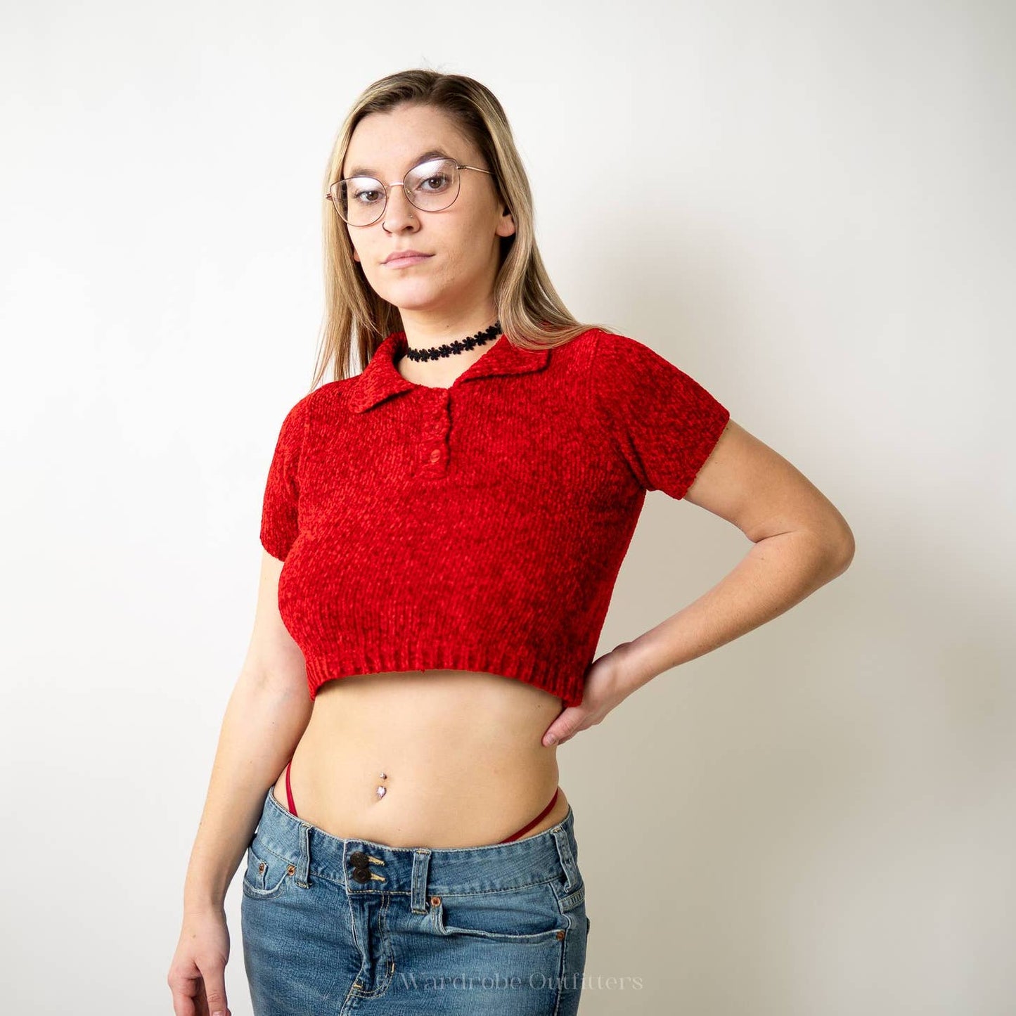 Vintage y2k Plush Ribbed Crop Top Polo Baby Tee - S/M