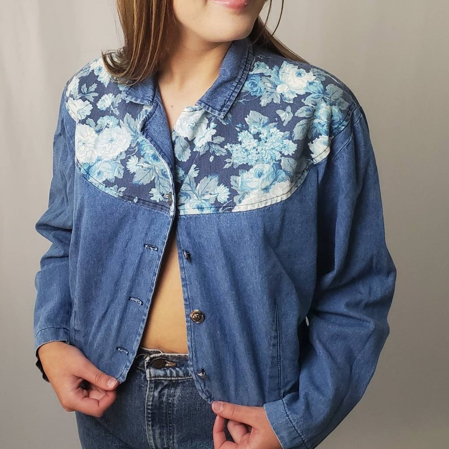 Vintage 90s Floral Western Cropped Denim Shacket Shirt