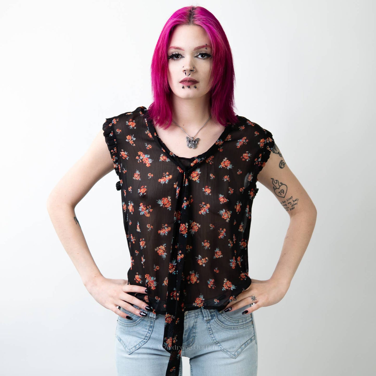 F21 Sheer Floral Sleeveless Tank Top Blouse - M