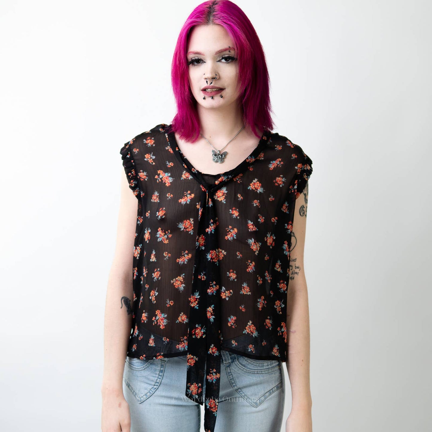 F21 Sheer Floral Sleeveless Tank Top Blouse - M