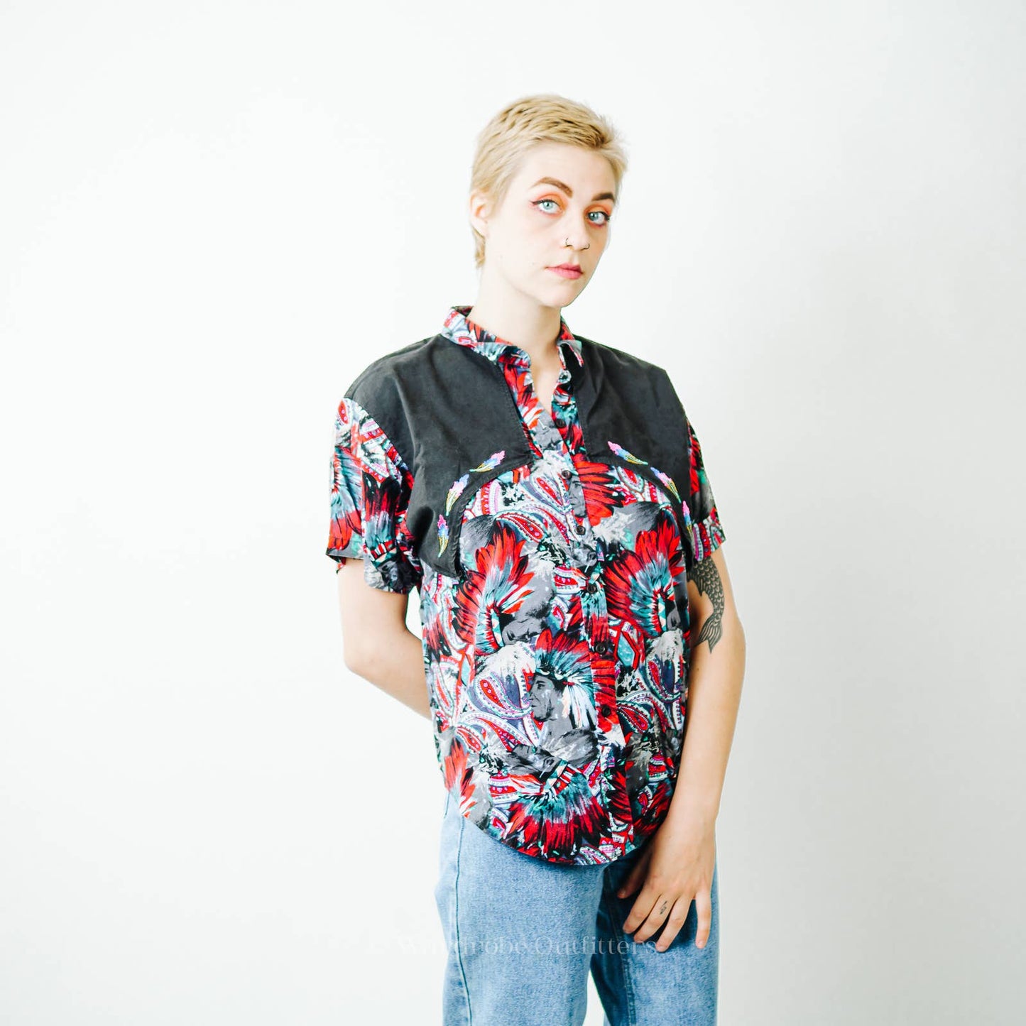 Vintage 90s Western Tribal Flyback Button Down Shirt - M