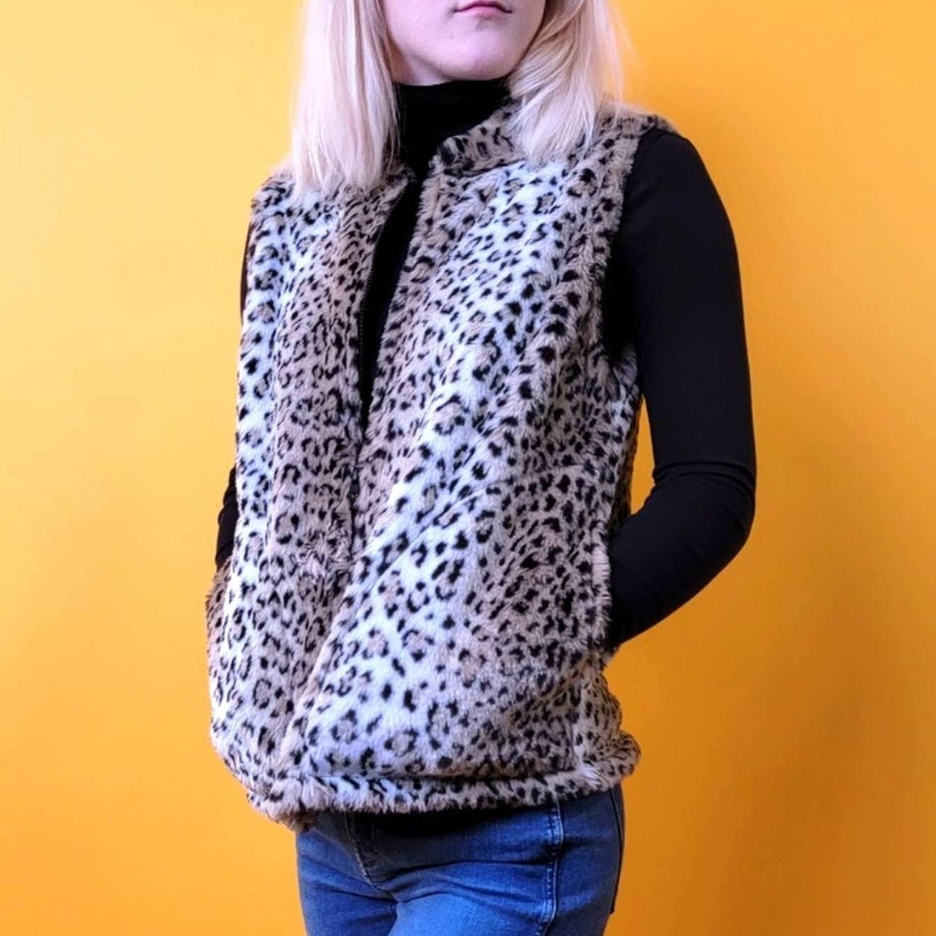 Vintage 1990s Leopard Animal Print Cobblestone Canyon Cheetah Faux Fur Vest - S