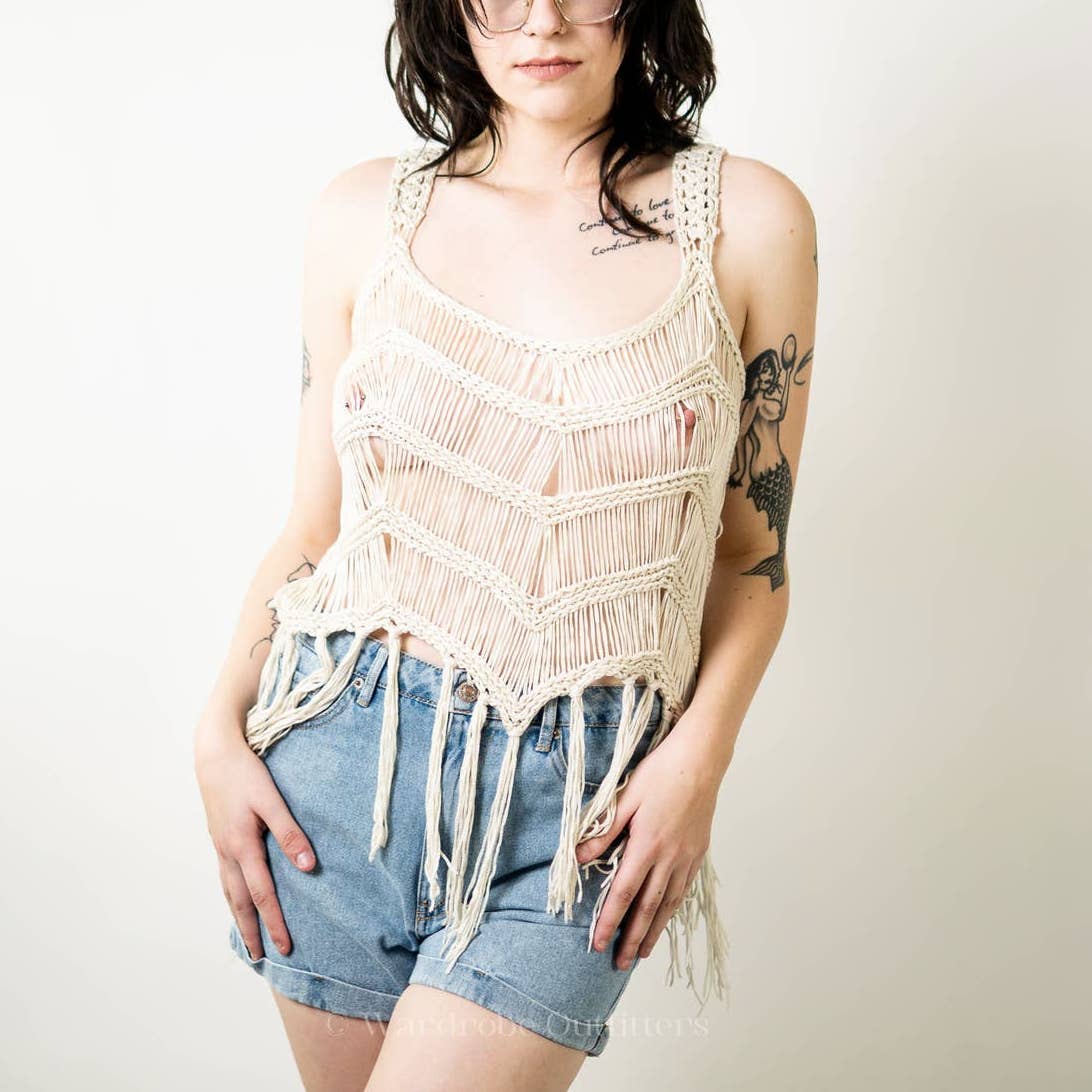 Cream Crochet Tassel Cover Up - M