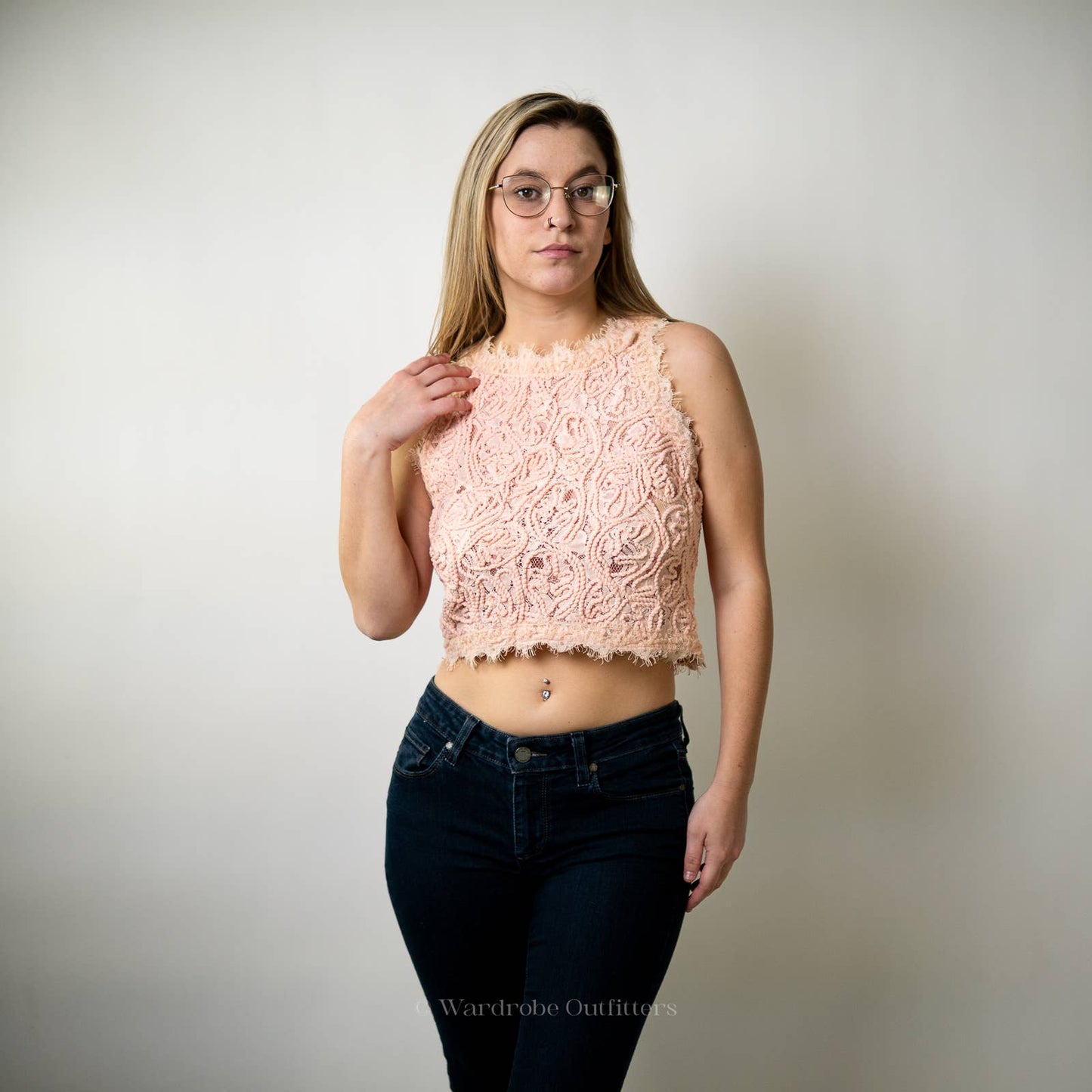 Blush Rose Pink Eyelash Woven Crochet Lace Cropped Tank Top - M