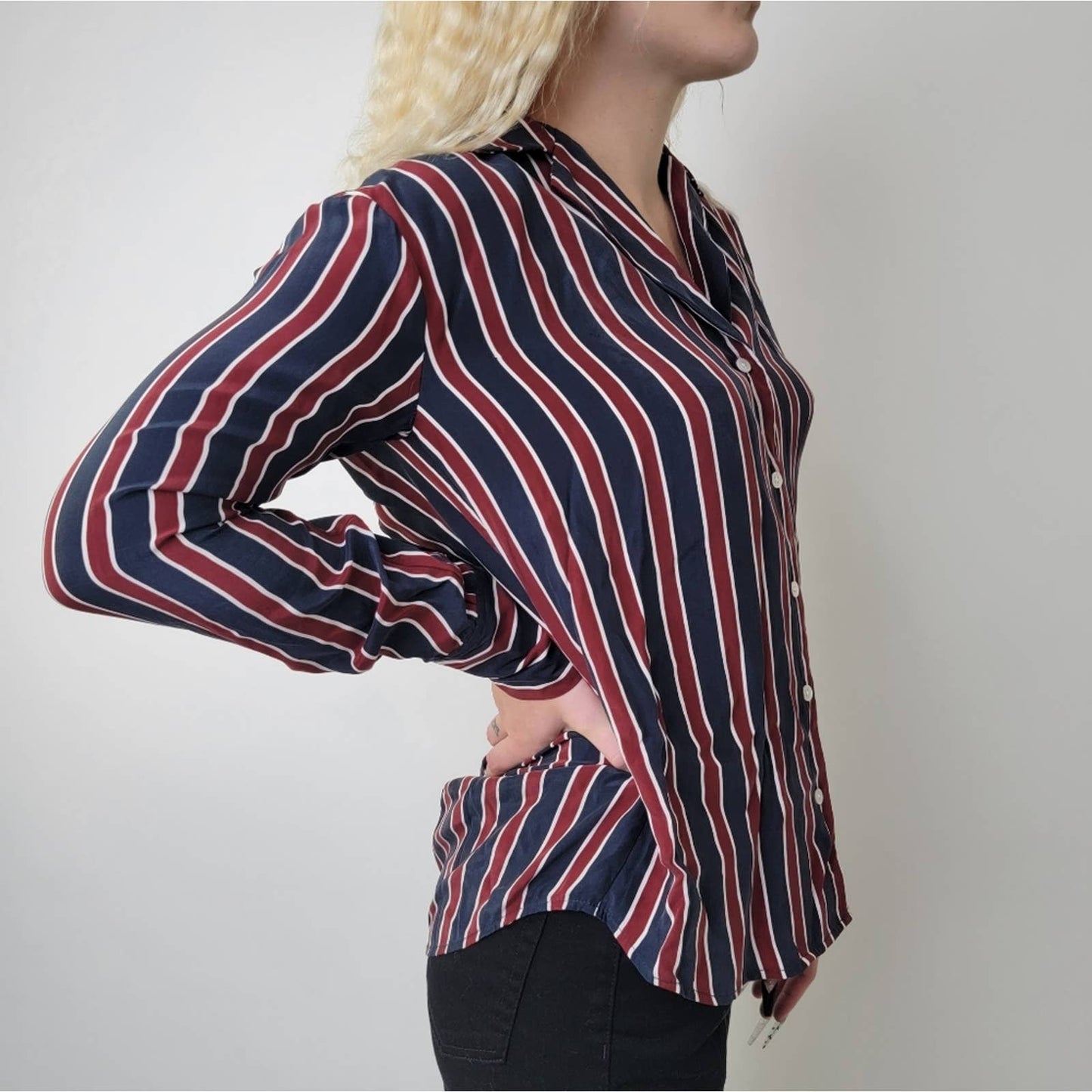 Frame Silk Striped Button Down Long Sleeve Shirt - S