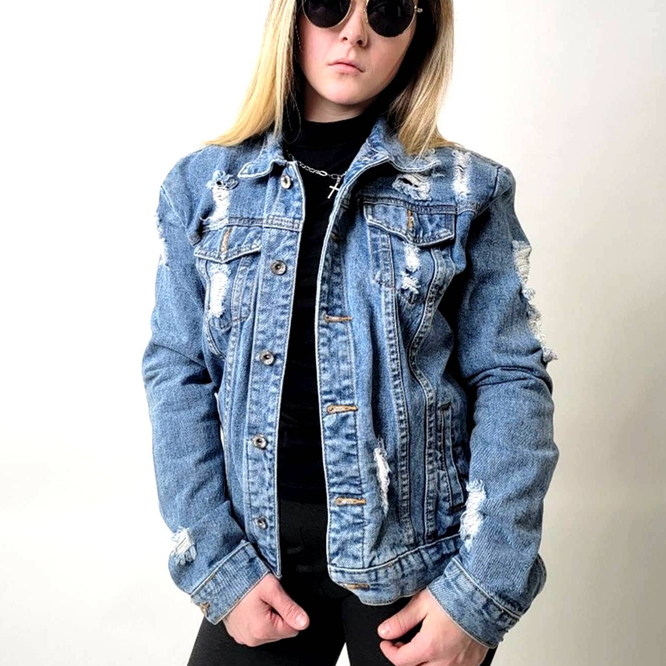 Ripped Faded Wash Denim Jean Trucker Jacket - L