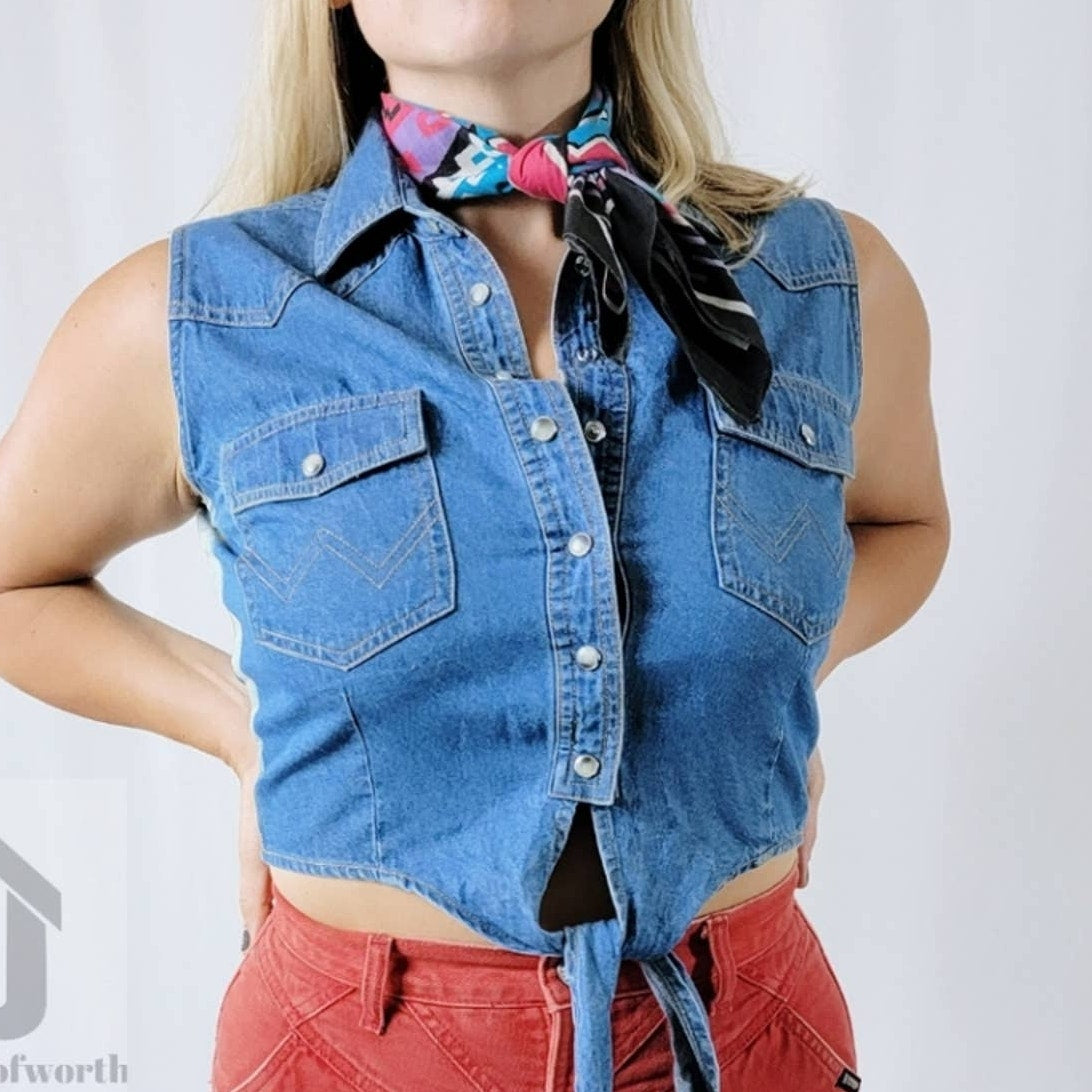 NEW 70's Western Wrangler Denim Pearl Snap Crop Tie Front Vest
