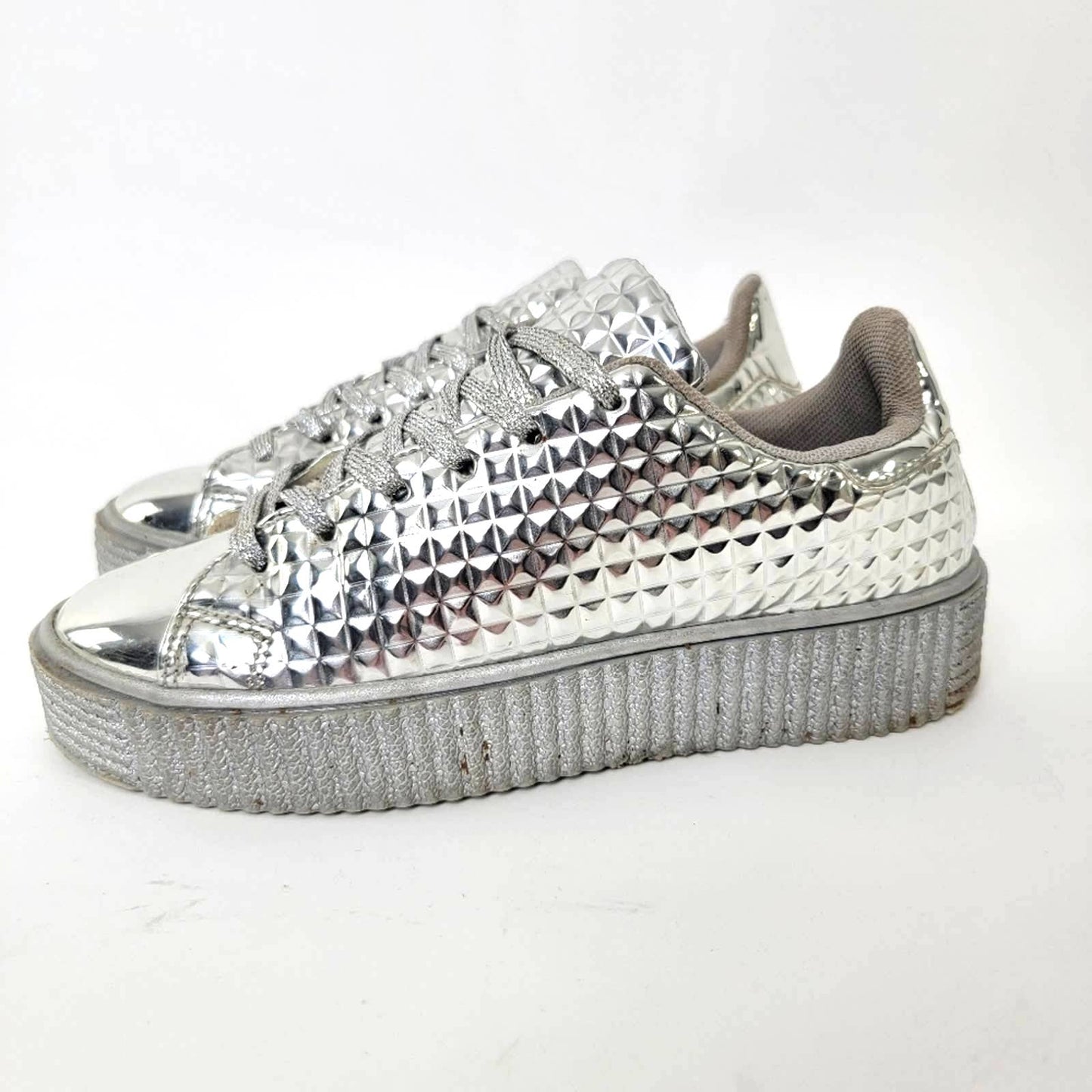 Chrome Lace Up Platform Silver Sneakers - 9