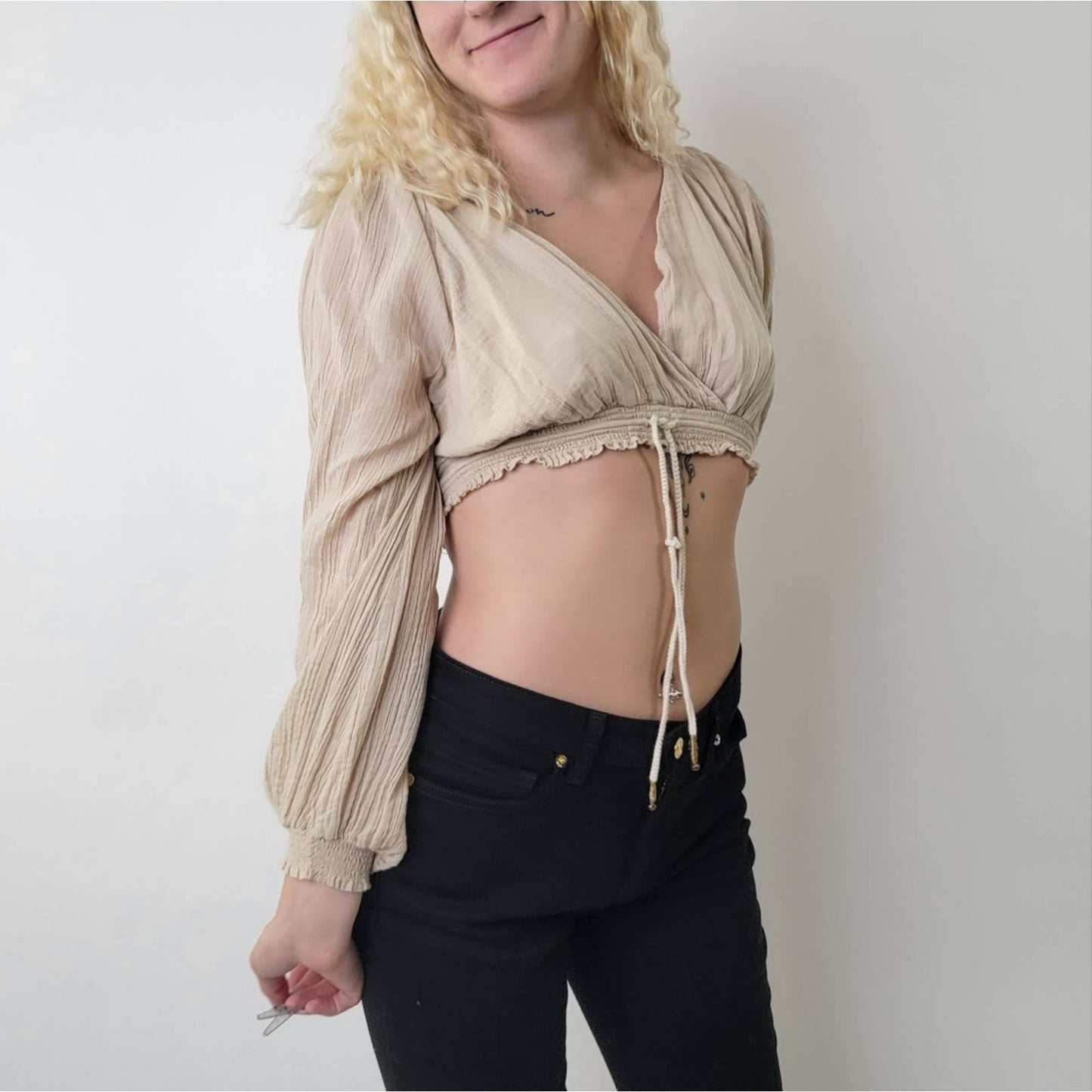 Free People Long Sleeve Flowy Crop Top Bell Sleeve Blouse - S