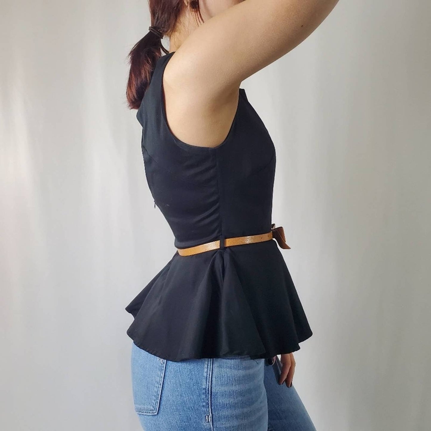Belted Peplum Cut-out Back Blouse - S