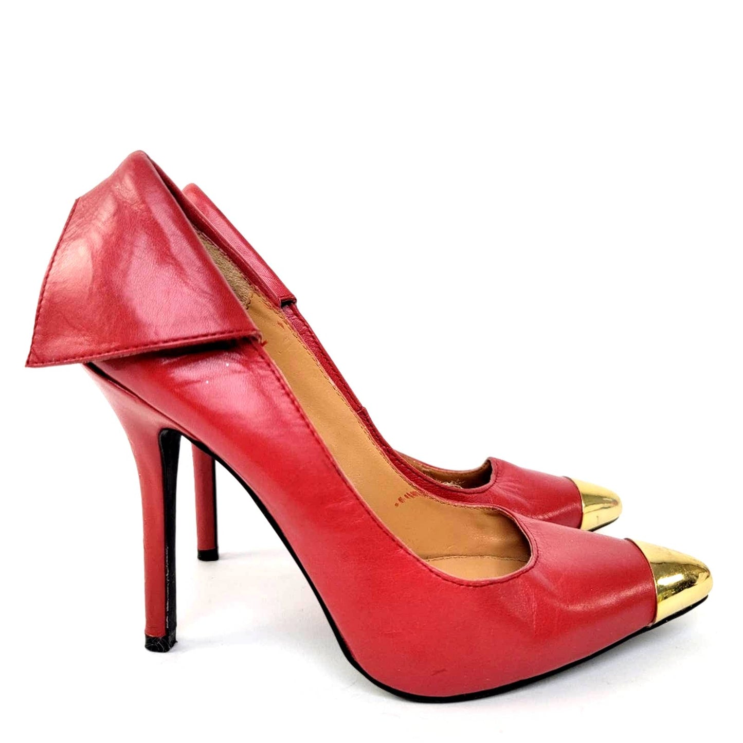 Fergie Podium Red Stiletto Pump Heels with Gold Cap Toe - 8