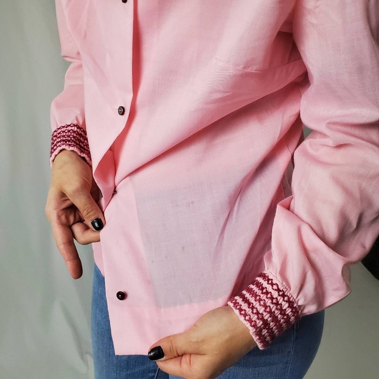 Vintage 70s Fritzi Of Cali Pink Embroidered Blouse - S