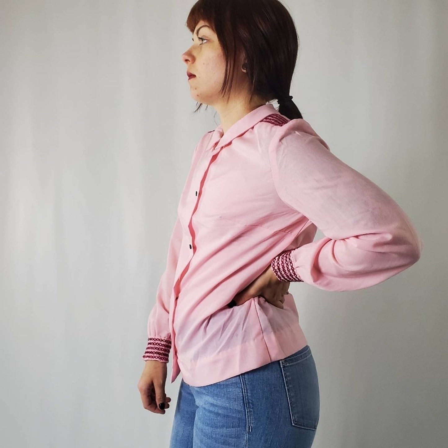 Vintage 70s Fritzi Of Cali Pink Embroidered Blouse - S