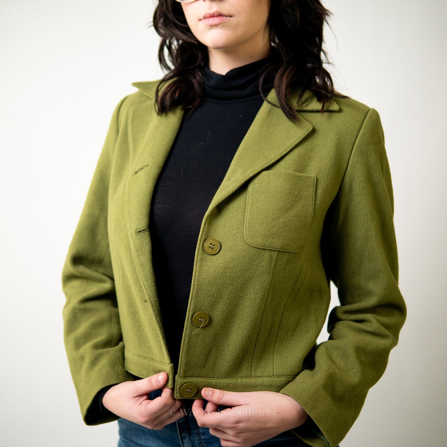 Vintage Olivr Green Cropped Wool Blazer Jacket - 8
