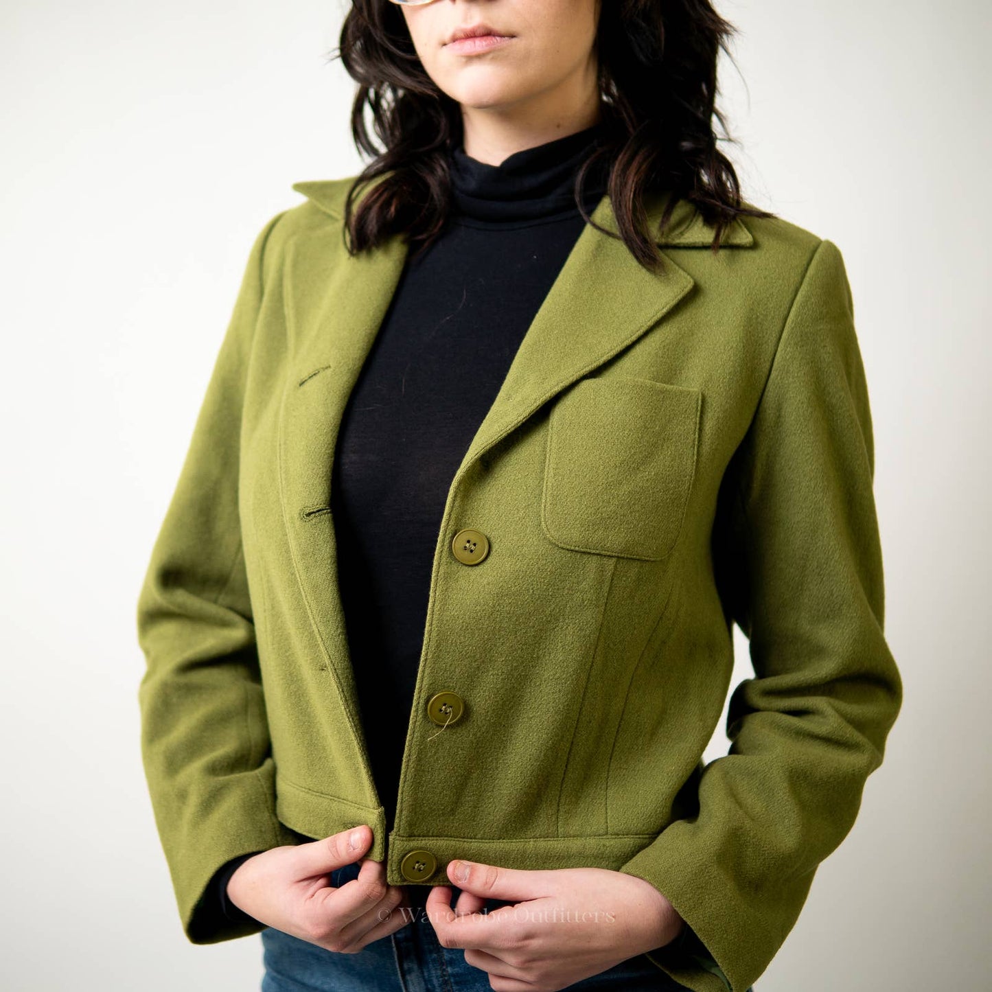 Vintage Olivr Green Cropped Wool Blazer Jacket - 8