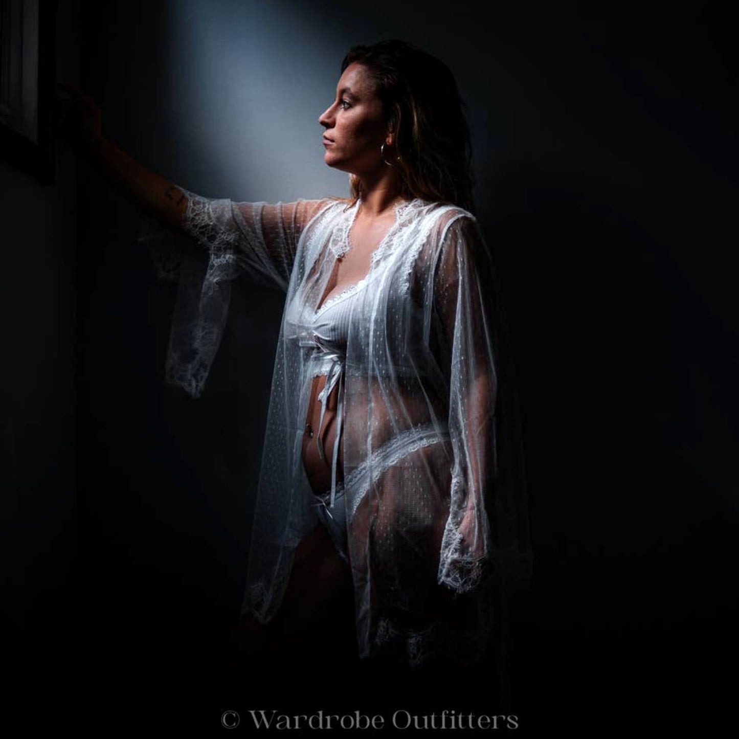 White Sheer Mesh Eyelash Lace Belted Robe Lingerie