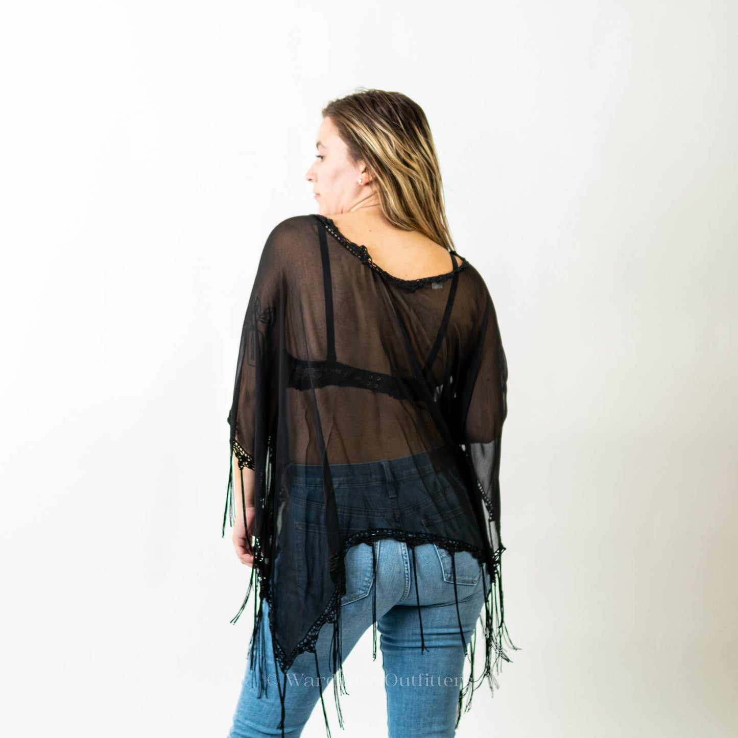 Black Sheer Mesh Flowy Fringe Tassel Poncho Coverup Shaw