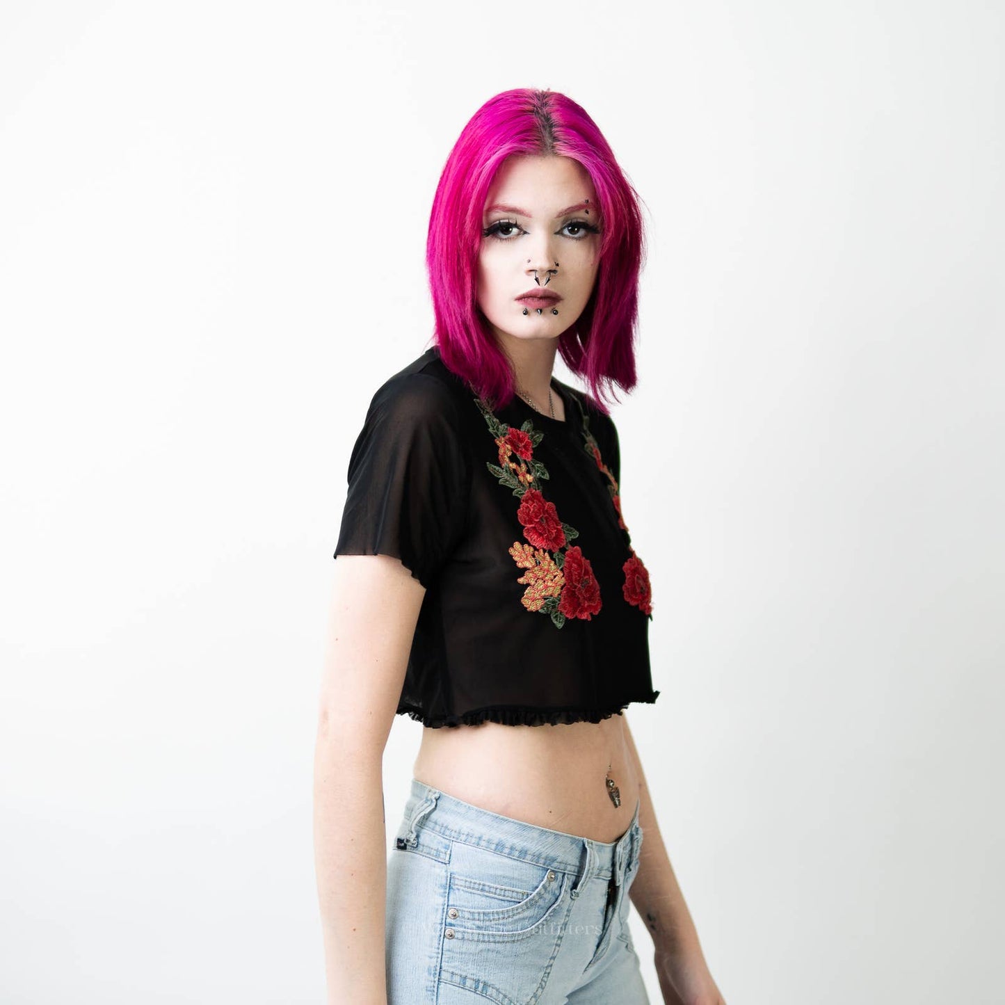Embroidered Stitched Floral Rose See Through Sheer Mesh Rave Crop Top