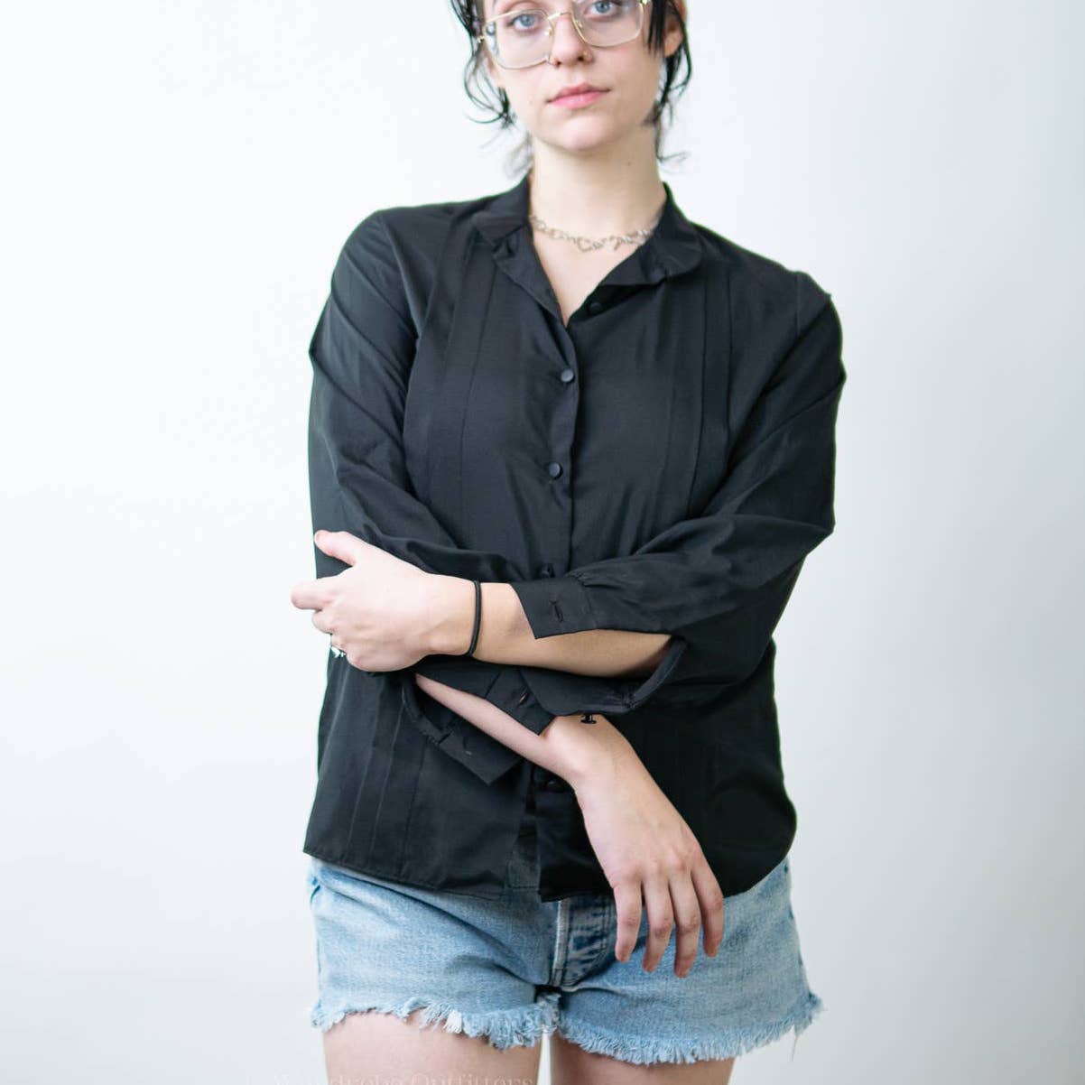 Vintage 90s Sheer Black Pleated Button Down Blouse