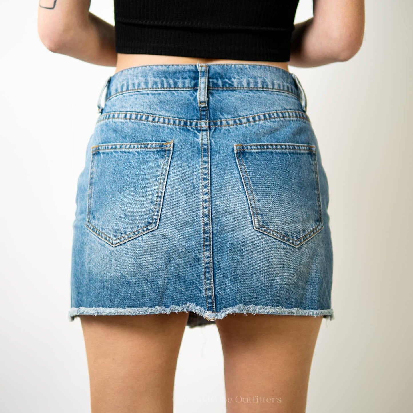 F21 Distressed Raw Hem Denim A-Line Mini Skirt