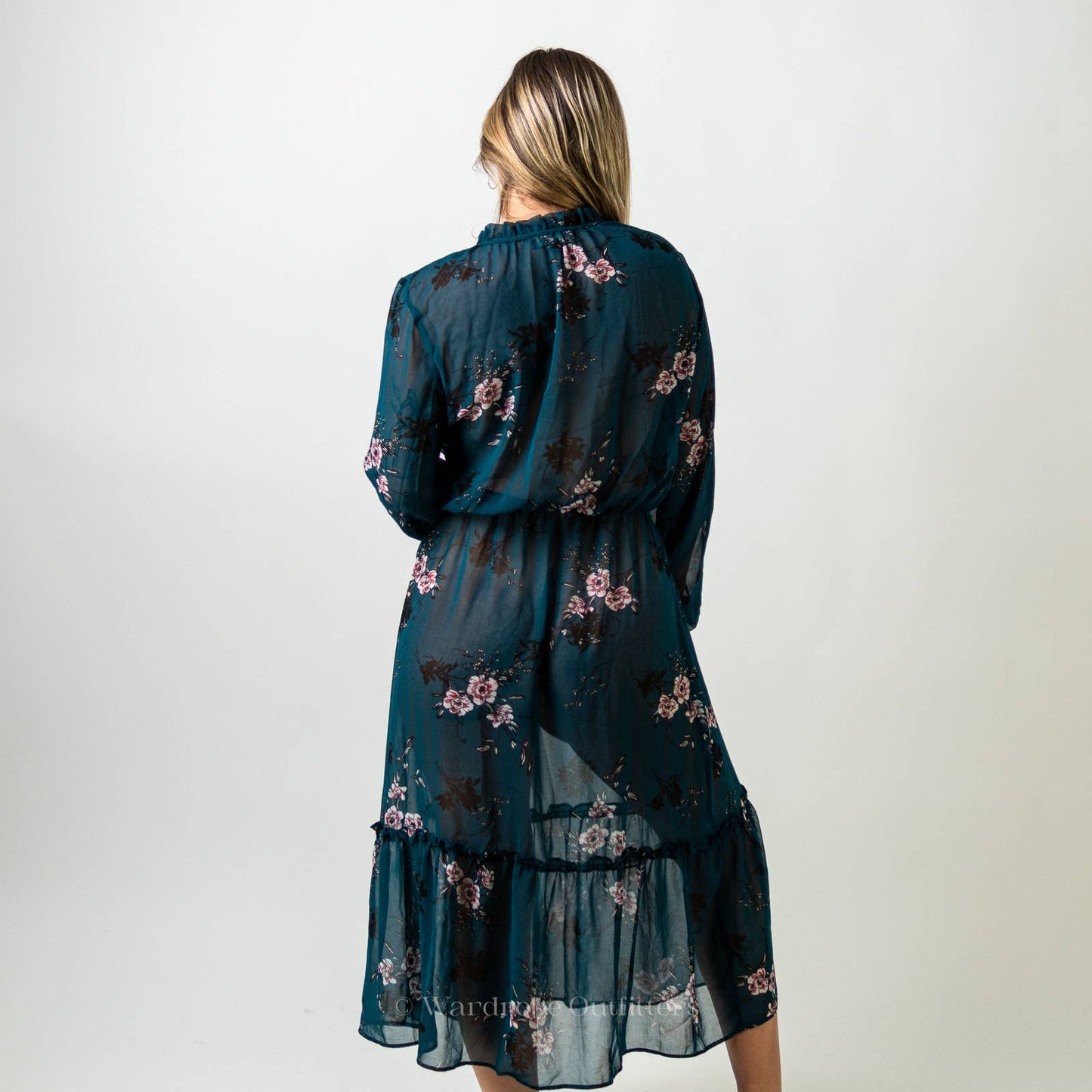 Lulus Newell Teal Green Sheer Floral Print Midi Dress - L