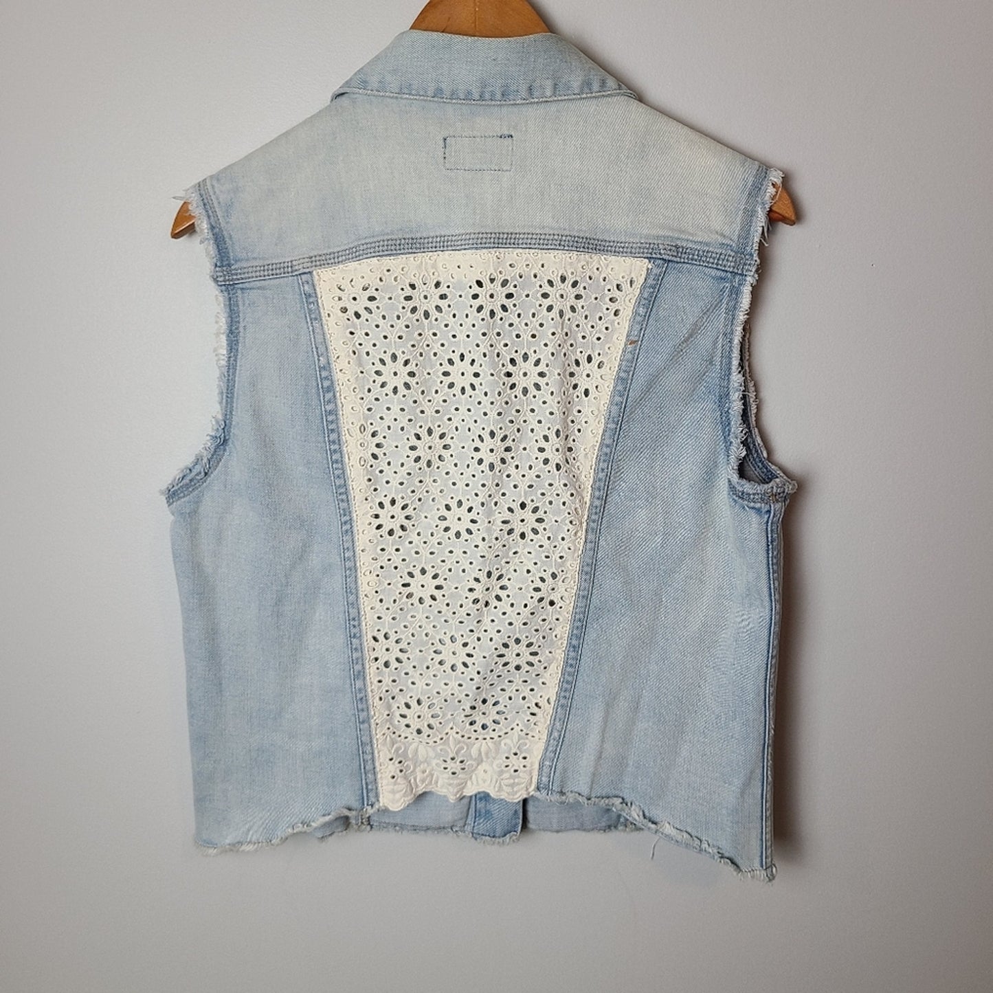 Lucky Brand Cutoff Stone Wash Lace & Denim Jean Vest - L