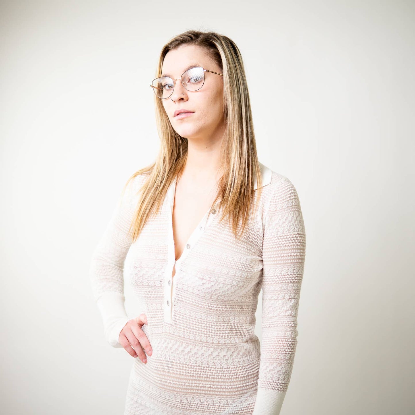 Free People White Plunging Henley Sheer Knit Dress