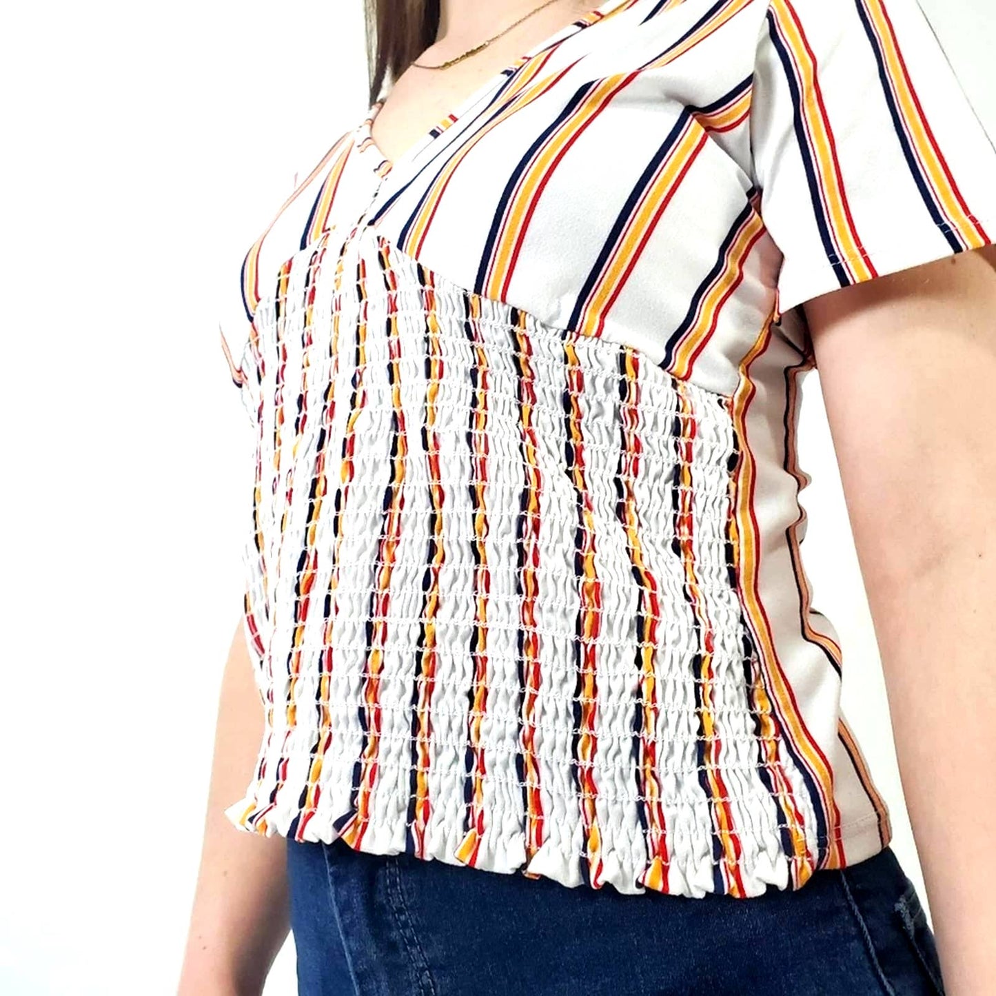 marci Rainbow Striped Cinched Stretchy Tee Top Blouse - M