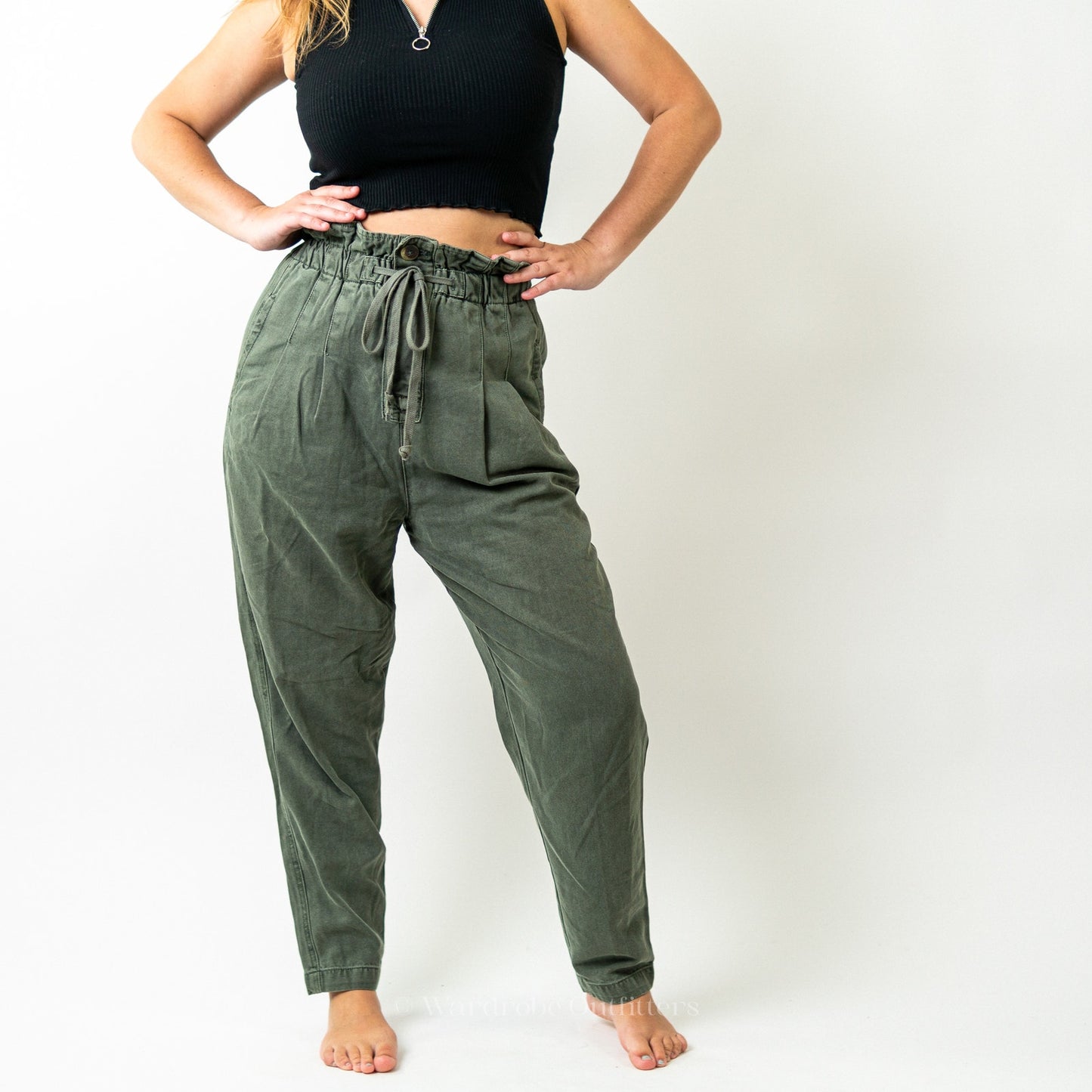 Free People Sugar Kelp Green Margate High Rise Pleated Paper Bag Pants