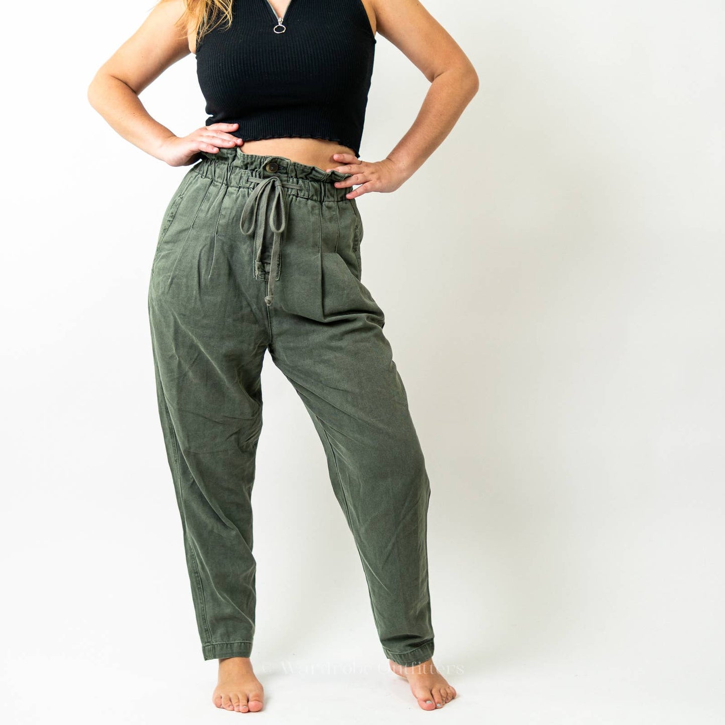 Free People Sugar Kelp Green Margate High Rise Pleated Paper Bag Pants