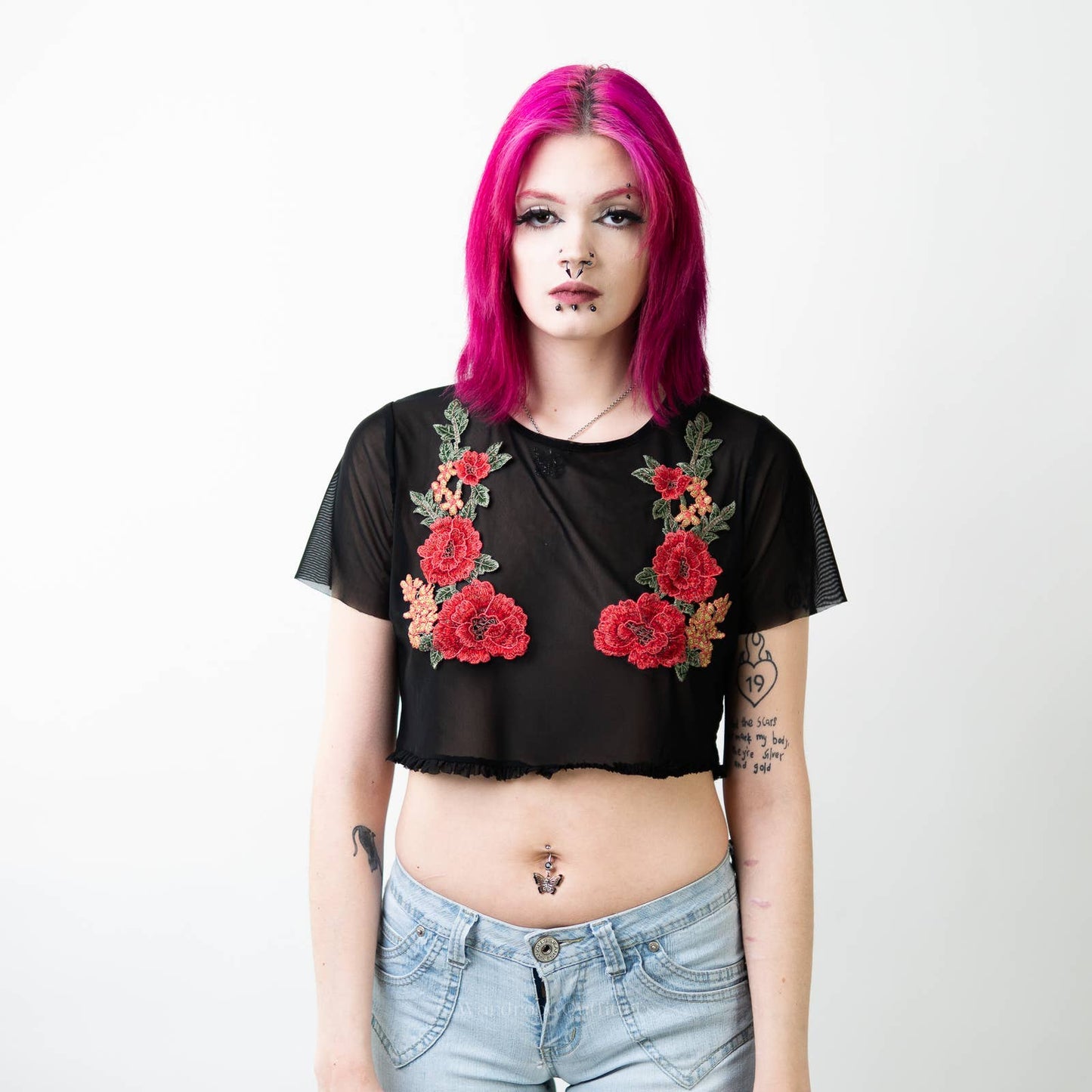 Embroidered Stitched Floral Rose See Through Sheer Mesh Rave Crop Top