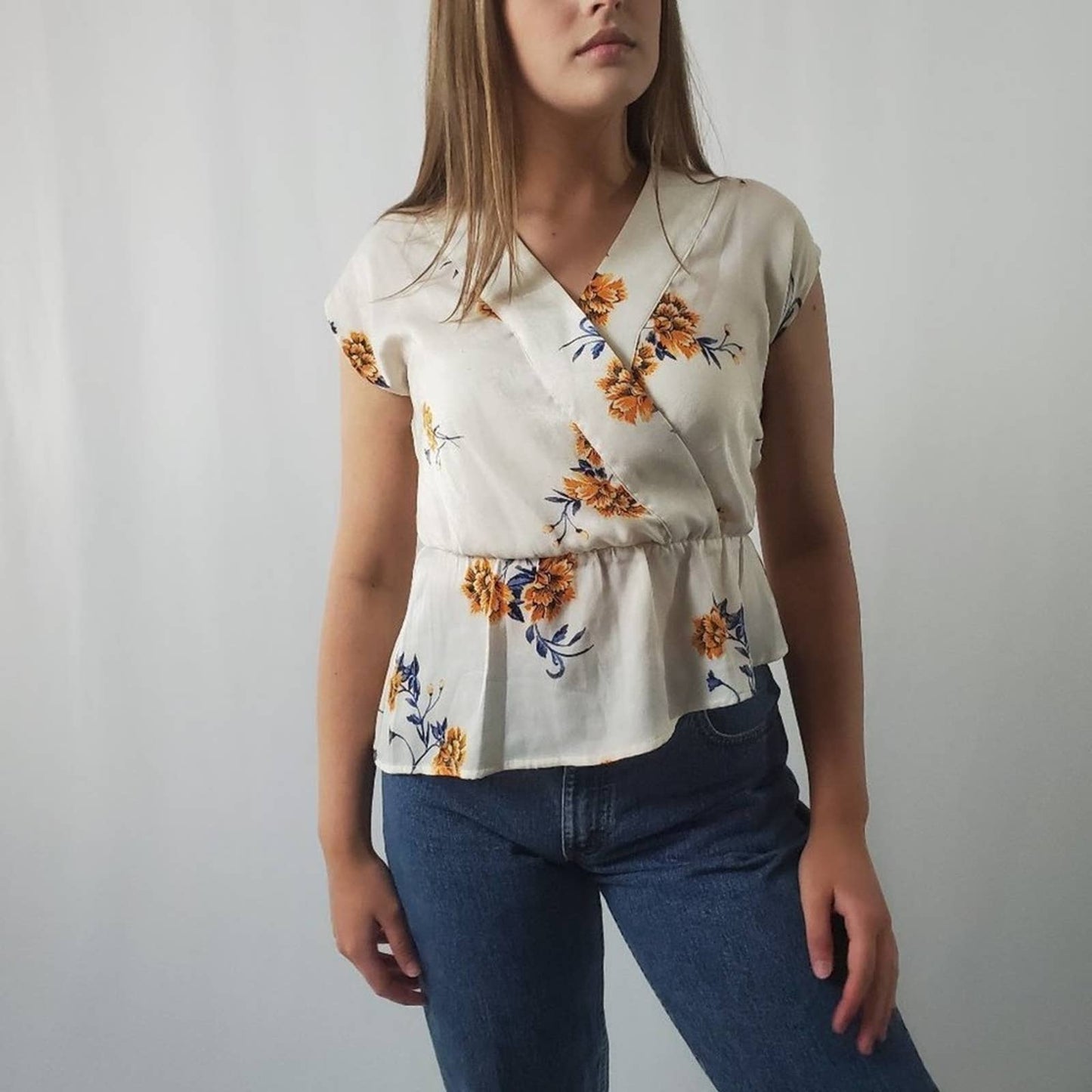 June & Hudson Floral Wrap Peplum Blouse - S