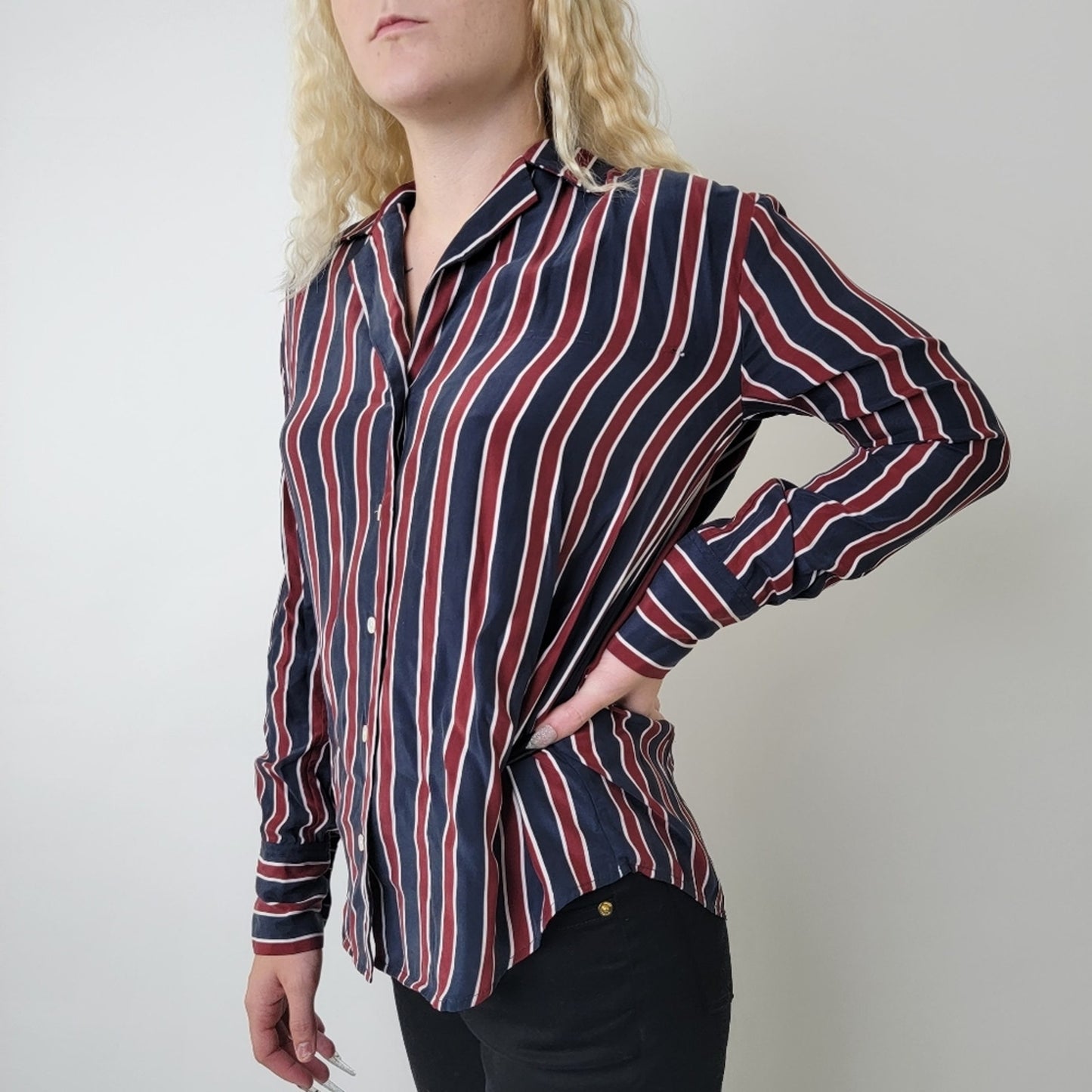 Frame Silk Striped Button Down Long Sleeve Shirt - S