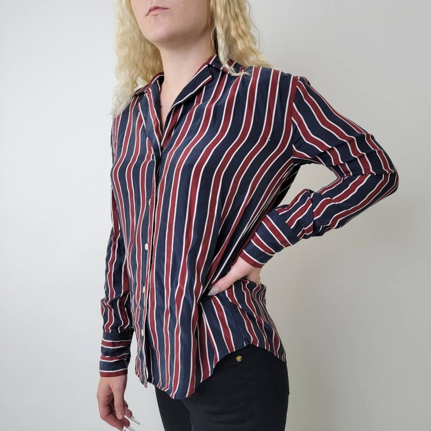 Frame Silk Striped Button Down Long Sleeve Shirt - S