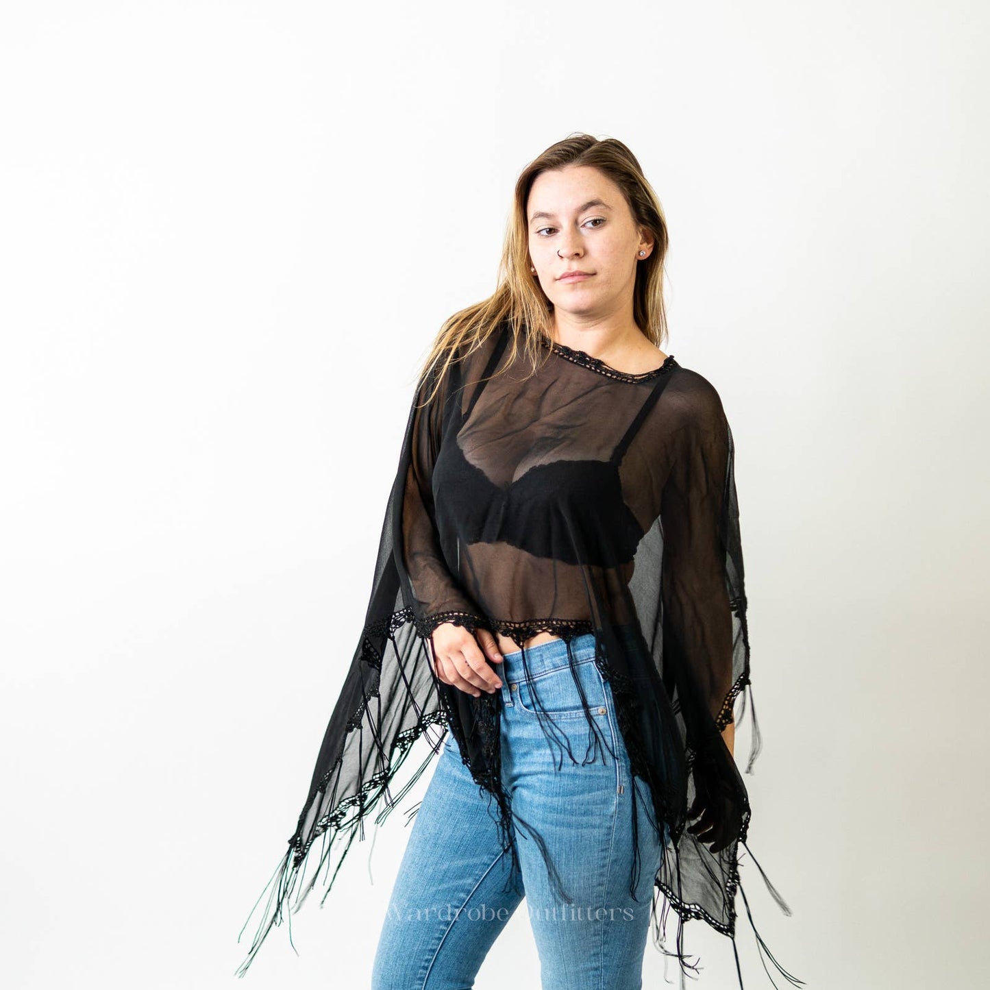 Black Sheer Mesh Flowy Fringe Tassel Poncho Coverup Shaw