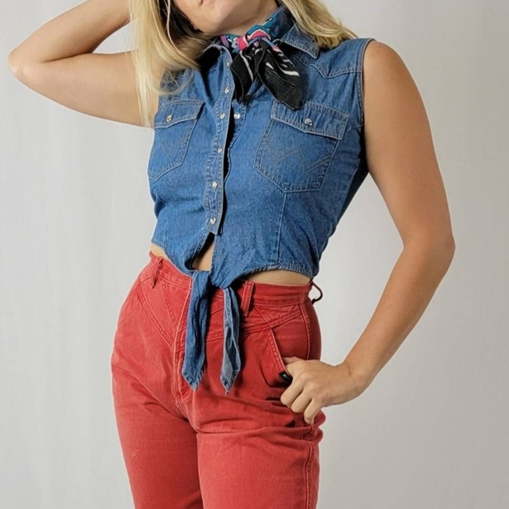 NEW 70's Western Wrangler Denim Pearl Snap Crop Tie Front Vest