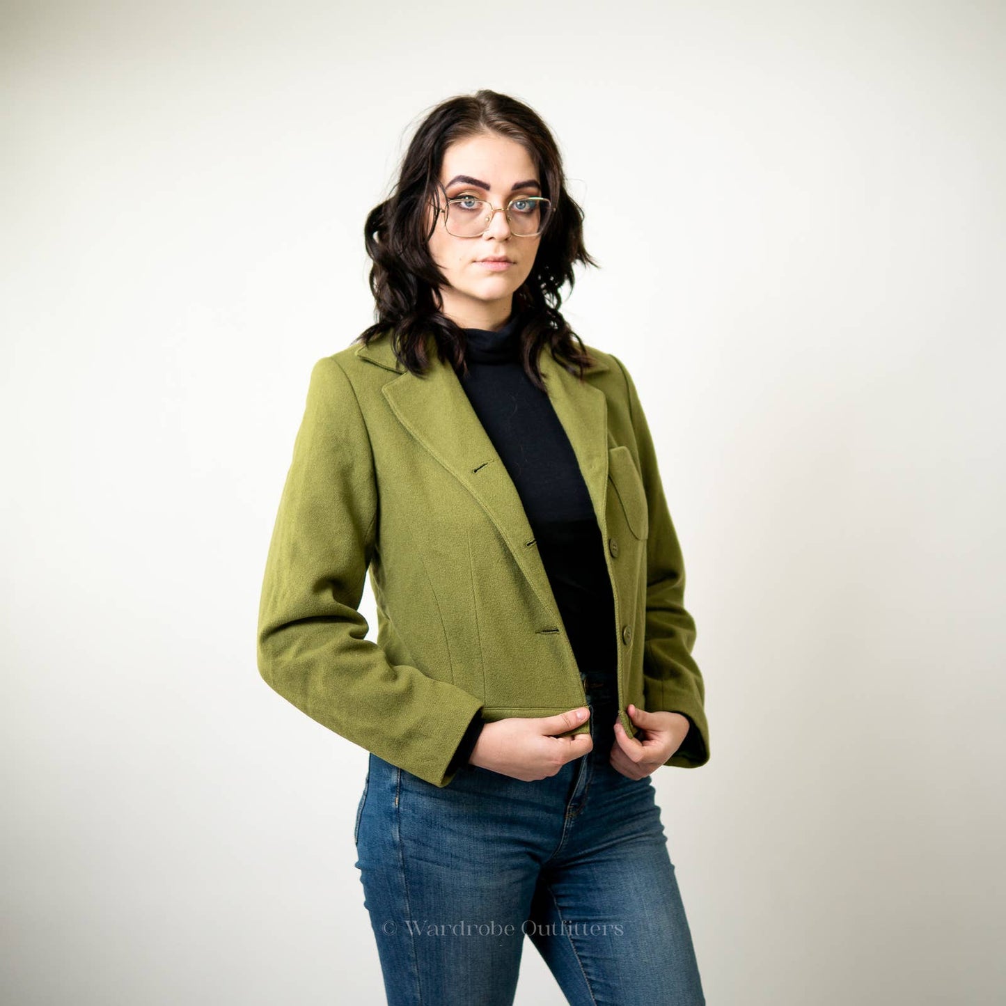 Vintage Olivr Green Cropped Wool Blazer Jacket - 8